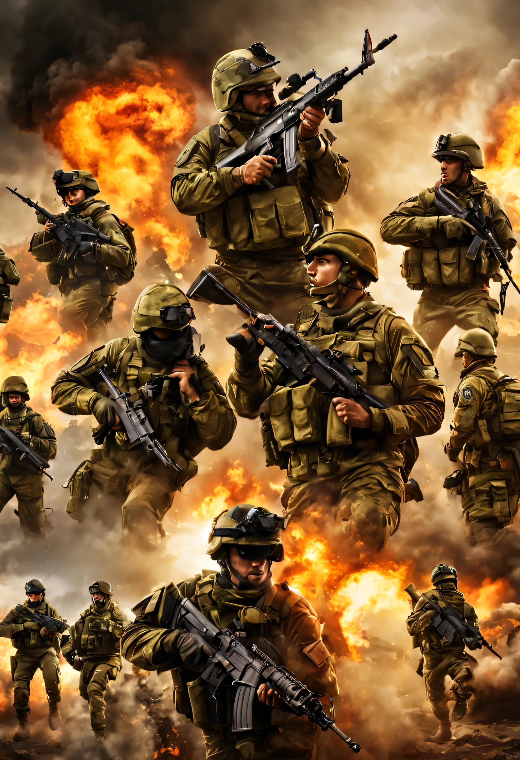 Design a dynamic and gripping war action movie poster showcasing the chaos of battle, with a focus on a fearless group of soldiers charging forward amidst explosions, smoke, and gunfire, conveying the sheer intensity and heroism of their mission