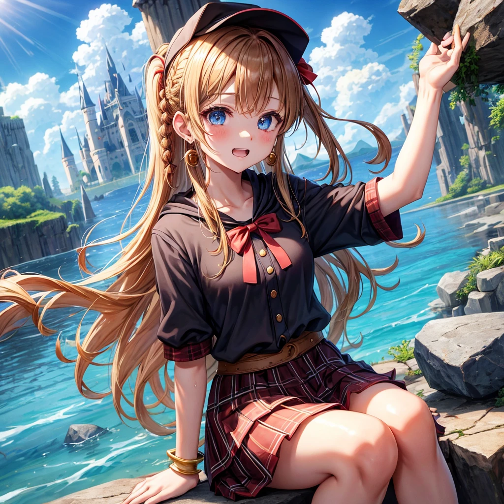 reddish-brown blonde、blue eyes、Braid、ponytail、one good looking girl、solo、anime、Plaid miniskirt、the skirt has buttons、camisole、black t-shirt、dress、Doing the ribbon、Ribbon at waist、cloak、Crystal Grotto、hood、desert、clouds are swirling、stone slabs are piled up、One hand is raised、Wearing a baseball cap 、crystal earrings、sun、sitting、gold coins are falling、teeth are visible、splash of water、monster castle、have a world map、bow、swing