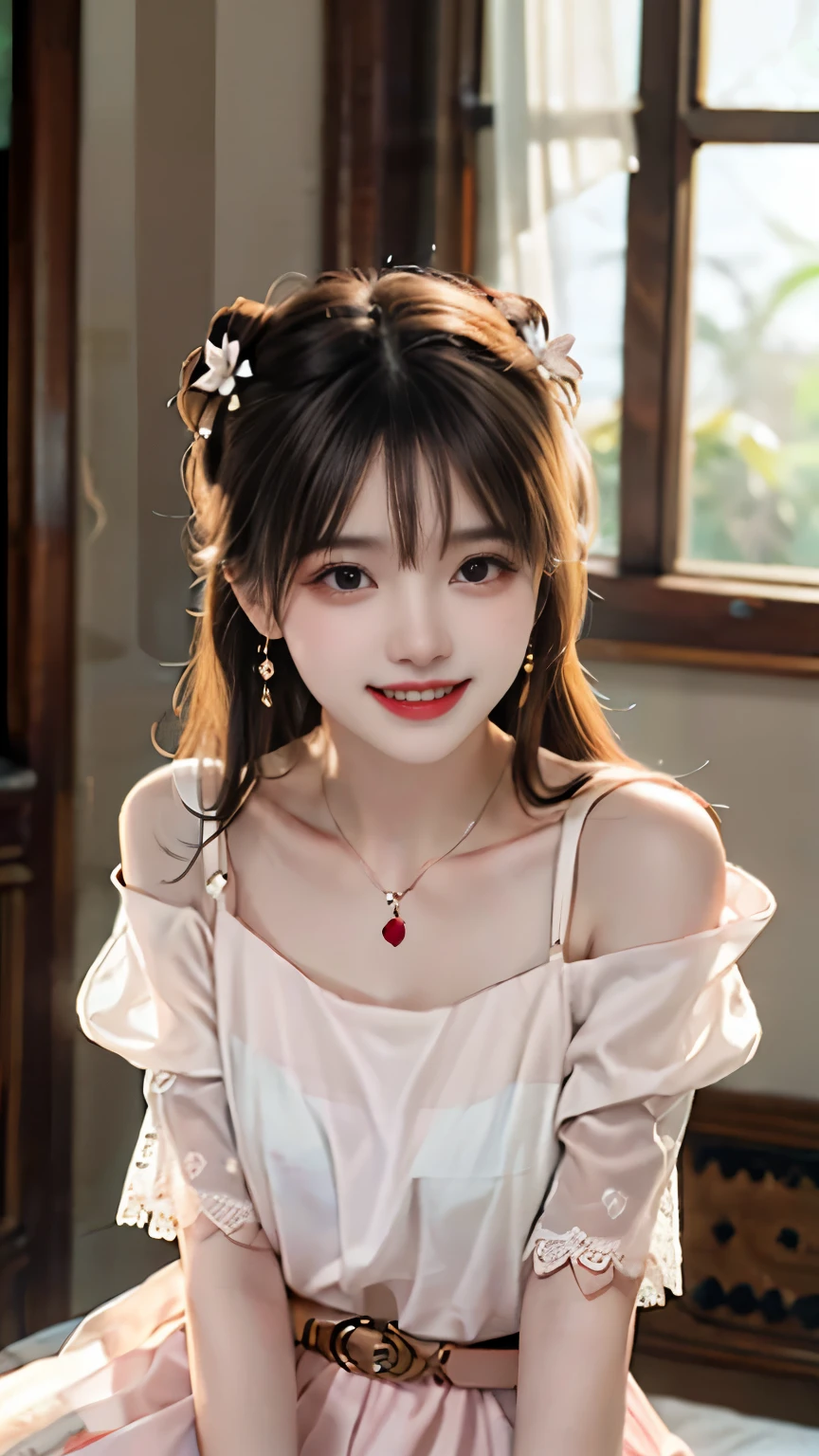((Upper body)), ((from below)), ((actual)), 1 super cute asian schoolgirl, a young girl, (close up), (in the room, sitting position, Leaning against the dresser), look out the window, Pleasant posture, Various poses to attract attention, Detailed scene, bun, hairpin, beautiful hair accessories, brown hair, Light makeup, blush blush, lip gloss, ((Light pink slip top, tulle tunic, One shoulder is missing, high waist, nice belt)), ((warm light, warm color palette)), (Extremely high color saturation), detailed details, super detailed, (masterpiece, best quality), (Extremely exquisite and beautiful work), exquisite earrings, exquisite necklace, simple blurr background, extremely detailed description, Ultra-fine painting, delicate face, slim, thin waist, (grinning, happy grinning, Show teeth), (anatomically correct)