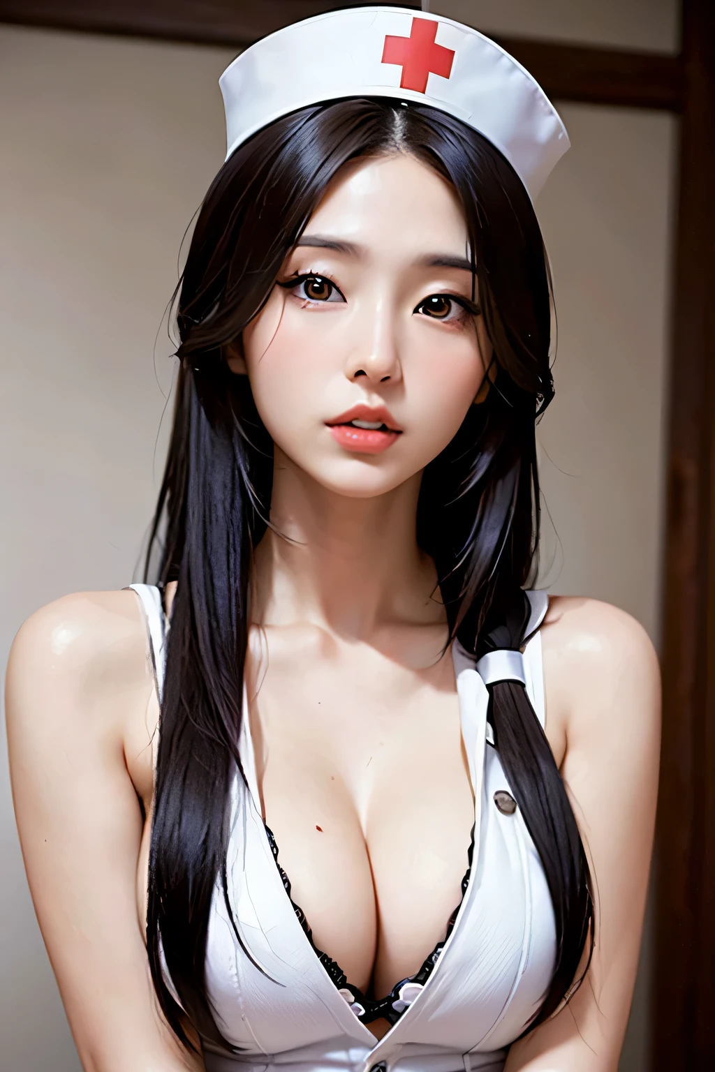 there is a woman in a nurse hat posing for a picture, gorgeous chinese model, beautiful asian girl, japanese goddess, beautiful asian woman, bust with a beautiful neck, beautiful detailed body and face, sexy girl, asian girl, chinese girl, korean girl, seductive anime girl, bust with a long beautiful neck, sexy look at the camera, beautiful girl model photorealistic eyes photorealistic mouth photorealistic nose photorealistic babe real eyes slutty white nurse uniform open shoulders top