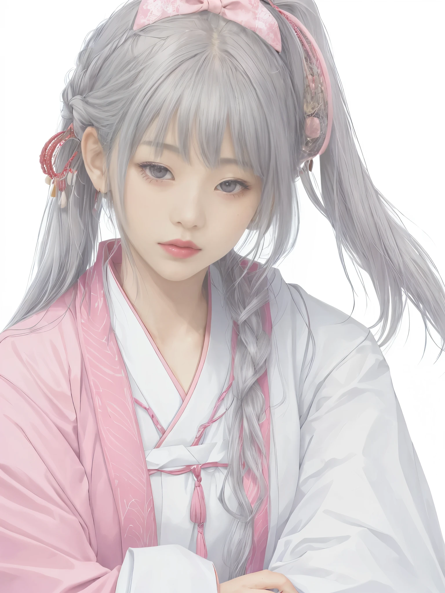 masterpiece,highest quality,realistic,1 girl,Upper body,long hair,gray hair,skin texture、japanese kimono、band締め、(band、pink:1.2)、milestone celebration,white background、pink coat,