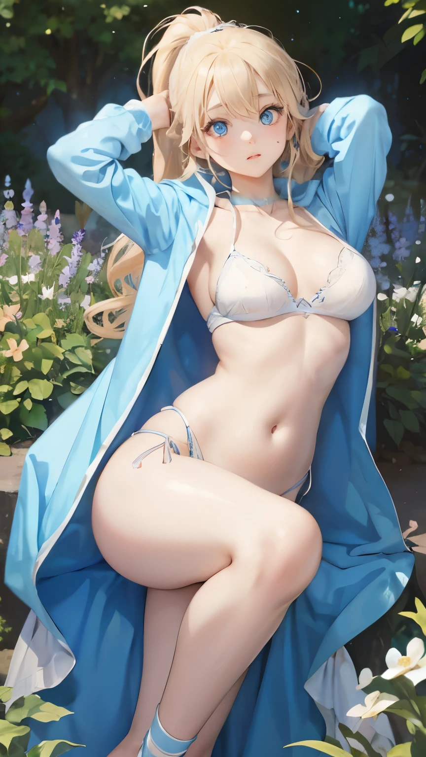 (masterpiece:1.2), (highest quality:1.2),, Curvy but slender body, perfect eyes, perfect face, perfect lighting, 1 girl, in the garden, (feet visible),(hoodie),(Belly dance),(cheer dance),(ponytail),curly hair, Fine clothes, Detailed outdoor background, compensate, eye shadow, thick eyelashes, fantasy, looking at the viewer, whole body,alice in wonderland、blue sky、Bright and very beautiful face、young shiny glossy white shiny skin、the best beauty、The most beautiful bright blonde hair in the world、thin hair、long hair、Shining beautiful bangs、Glowing crystal clear big blue eyes、Very beautiful and lovely 18 years old, the most beautiful girl in the world、small breasts