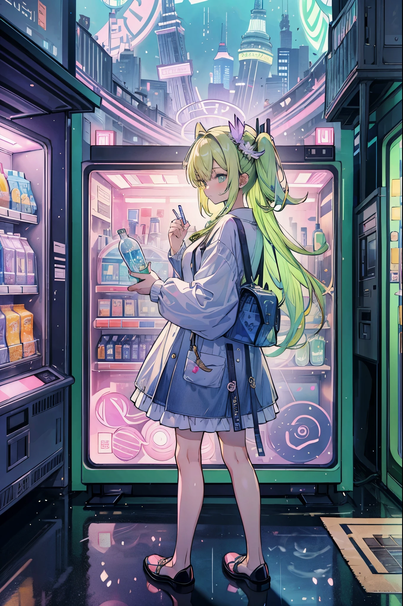((best quality, masterpiece, absurdres, super-resolution)) photo of beautiful jpn-gyaru, solo, Green,Blonde,Purple,White hair, standing in playground, from far, from side, glossy, beautiful anime eyes with luster reflection, beautiful, money, coins, drinks, bottled water, can soda, (ramune:1), vending machine on background