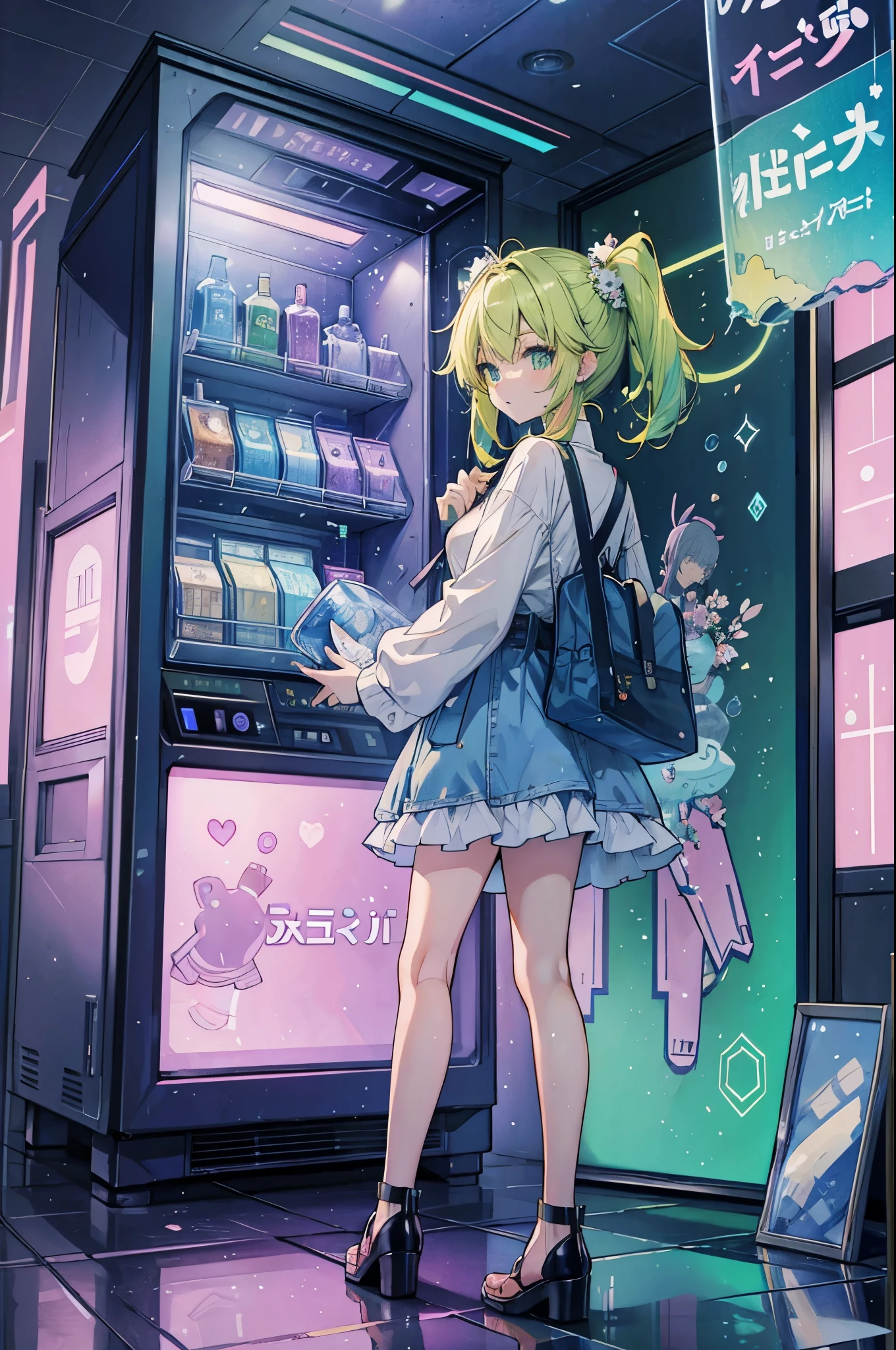((best quality, masterpiece, absurdres, super-resolution)) photo of beautiful jpn-gyaru, solo, Green,Blonde,Purple,White hair, standing in playground, from far, from side, glossy, beautiful anime eyes with luster reflection, beautiful, money, coins, drinks, bottled water, can soda, (ramune:1), vending machine on background