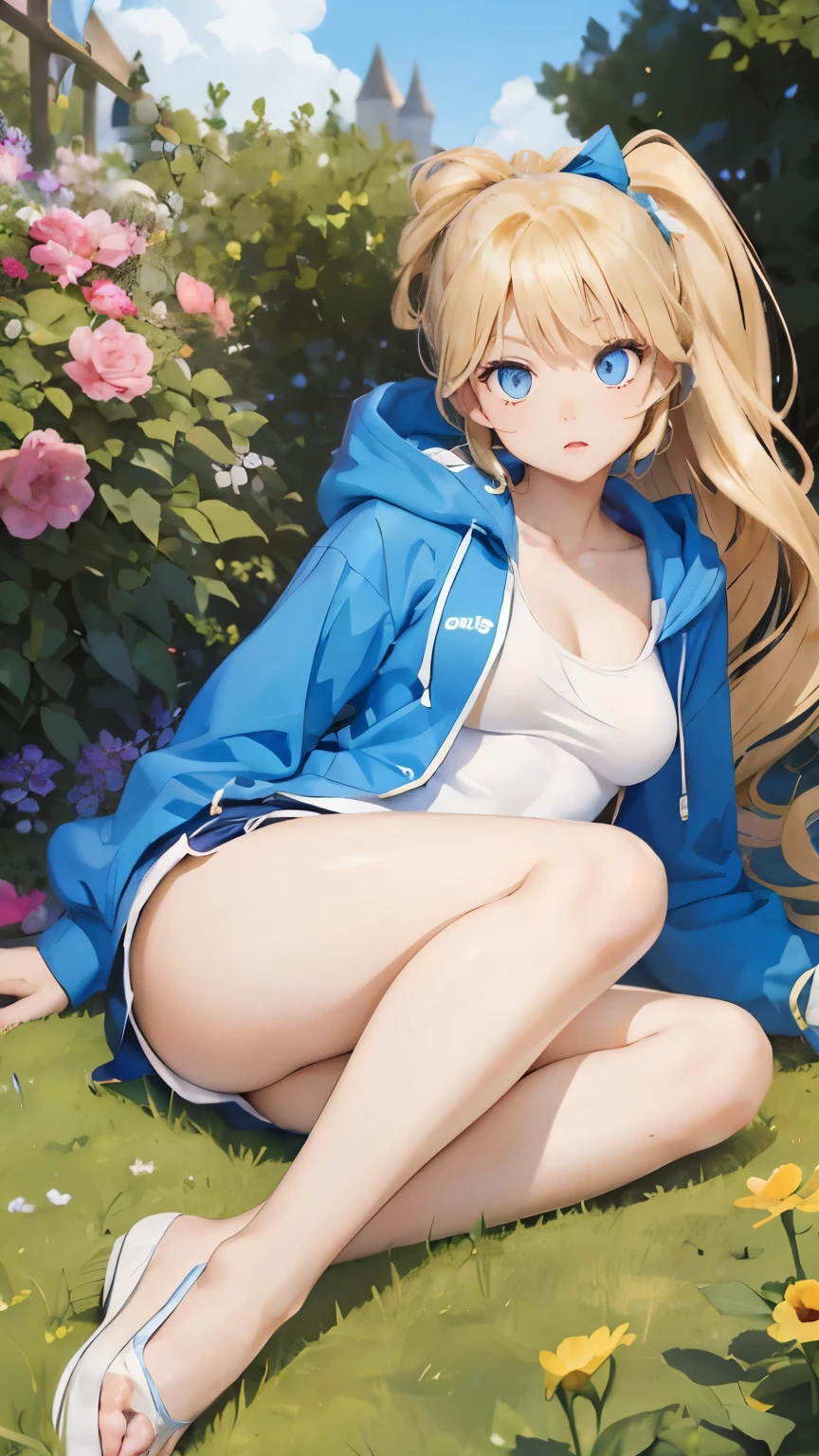 (masterpiece:1.2), (highest quality:1.2),, Curvy but slender body, perfect eyes, perfect face, perfect lighting, 1 girl, in the garden, (feet visible),(hoodie),(shorts),(cheer dance),(ponytail),curly hair, Fine clothes, Detailed outdoor background, compensate, eye shadow, thick eyelashes, fantasy, looking at the viewer, whole body,alice in wonderland、blue sky、Bright and very beautiful face、young shiny glossy white shiny skin、the best beauty、The most beautiful bright blonde hair in the world、thin hair、long hair、Shining beautiful bangs、Glowing crystal clear big blue eyes、Very beautiful and lovely 18 years old, the most beautiful girl in the world、small breasts