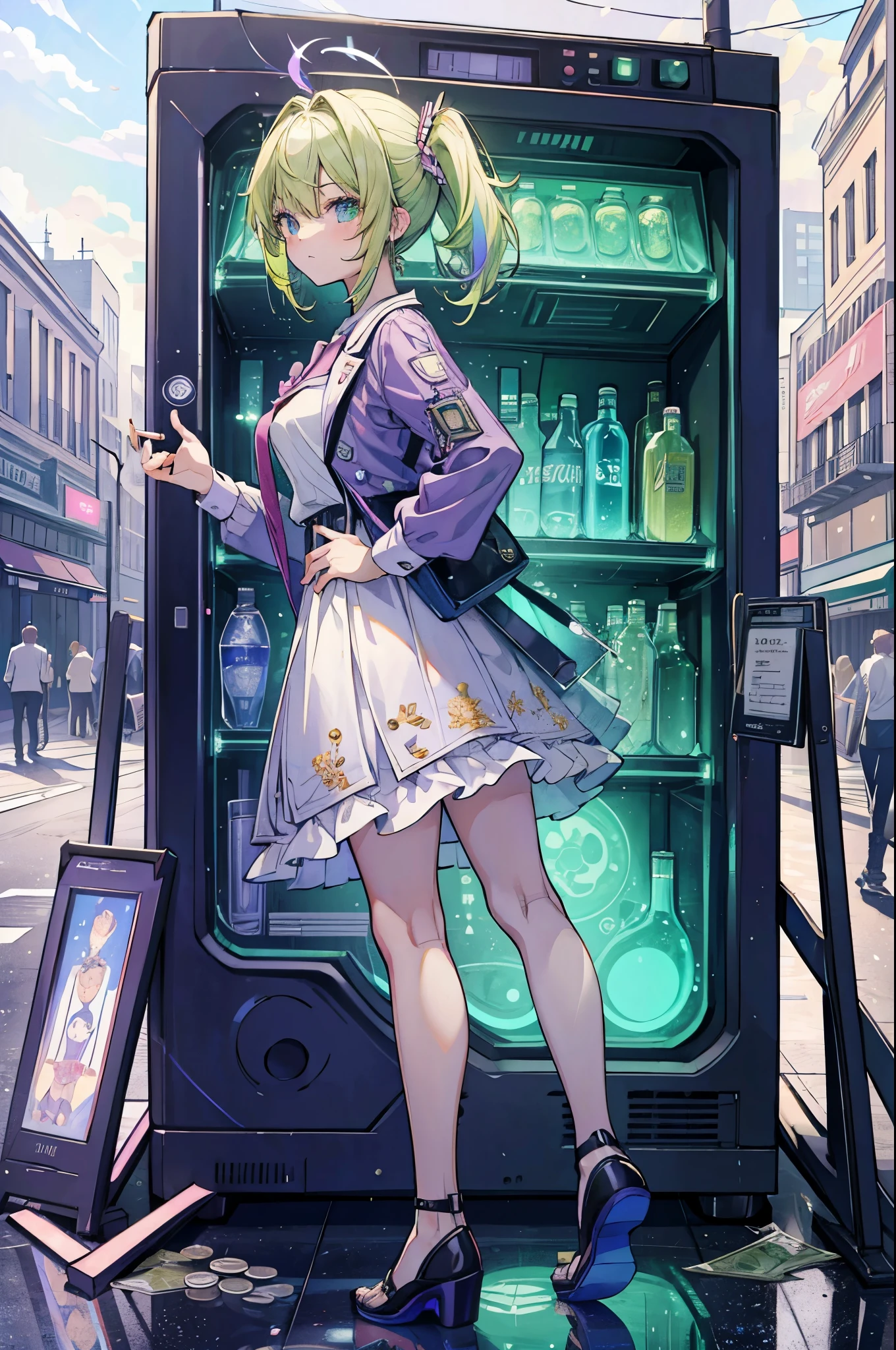 ((best quality, masterpiece, absurdres, super-resolution)) photo of beautiful jpn-gyaru, solo, Green,Blonde,Purple,White hair, standing in playground, from far, from side, glossy, beautiful anime eyes with luster reflection, beautiful, money, coins, drinks, bottled water, can soda, (ramune:1), vending machine on background