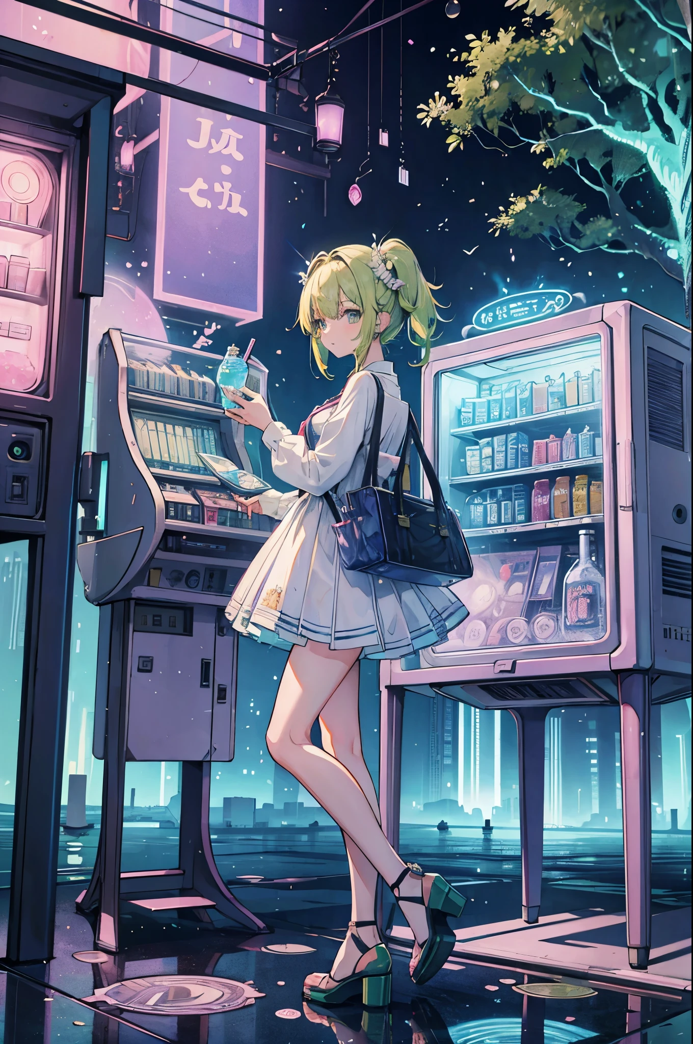 ((best quality, masterpiece, absurdres, super-resolution)) photo of beautiful jpn-gyaru, solo, Green,Blonde,Purple,White hair, standing in playground, from far, from side, glossy, beautiful anime eyes with luster reflection, beautiful, money, coins, drinks, bottled water, can soda, (ramune:1), vending machine on background