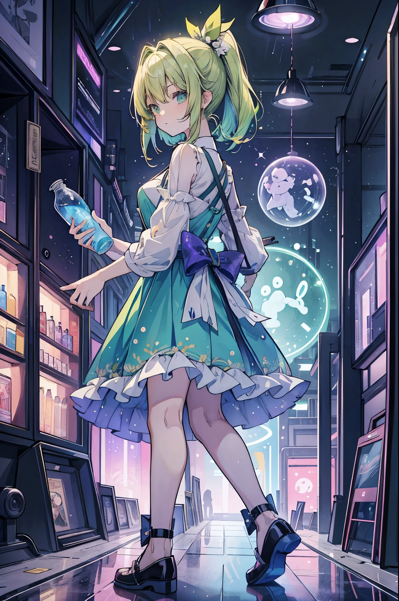 ((best quality, masterpiece, absurdres, super-resolution)) photo of beautiful jpn-gyaru, solo, Green,Blonde,Purple,White hair, standing in playground, from far, from side, glossy, beautiful anime eyes with luster reflection, beautiful, money, coins, drinks, bottled water, can soda, (ramune:1), vending machine on background