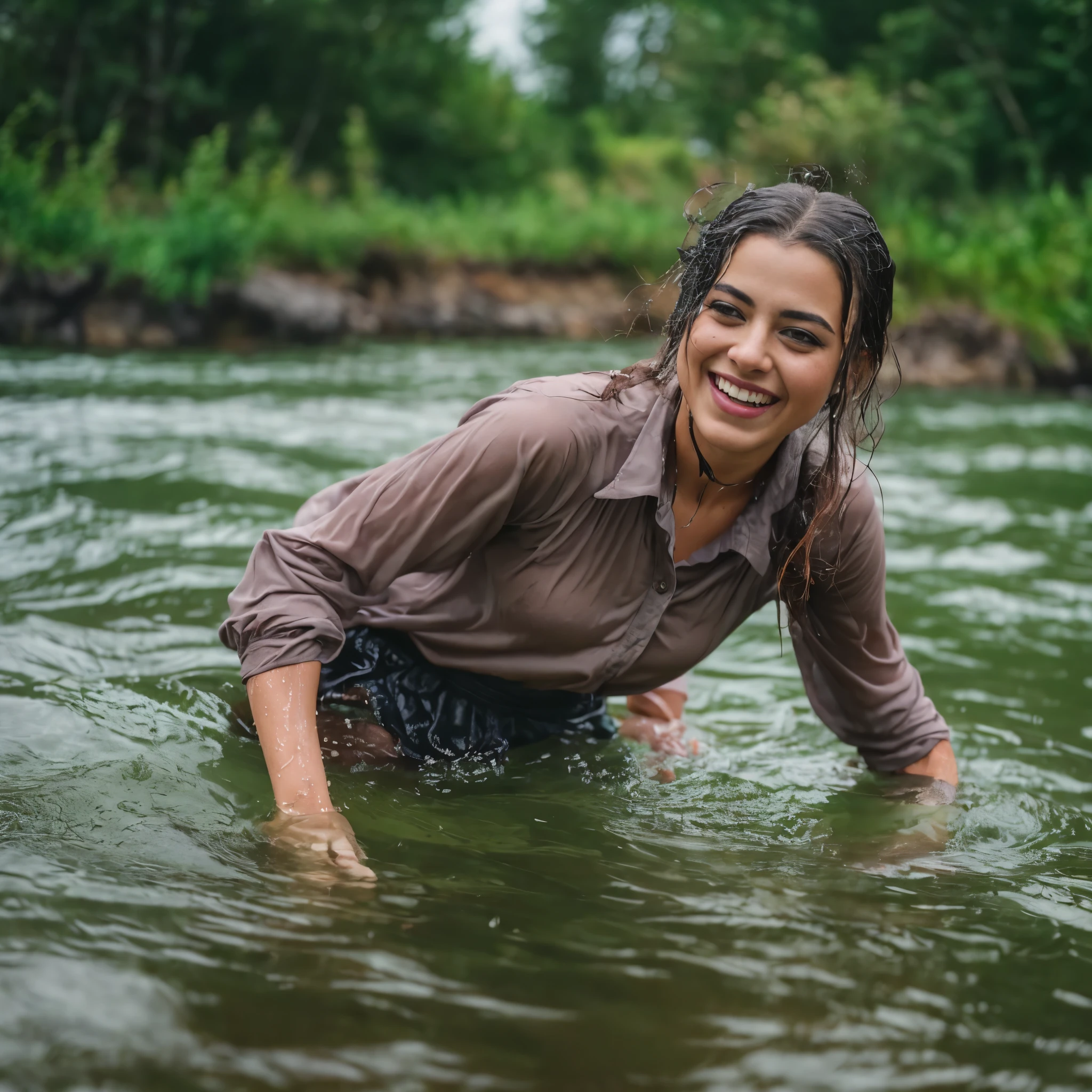 Woman swimming in the river, flirting with the camera, cheerful, fully clothed, long sleeved shirt, skirt  , wet clothes, soaked, masterpiece, best quality