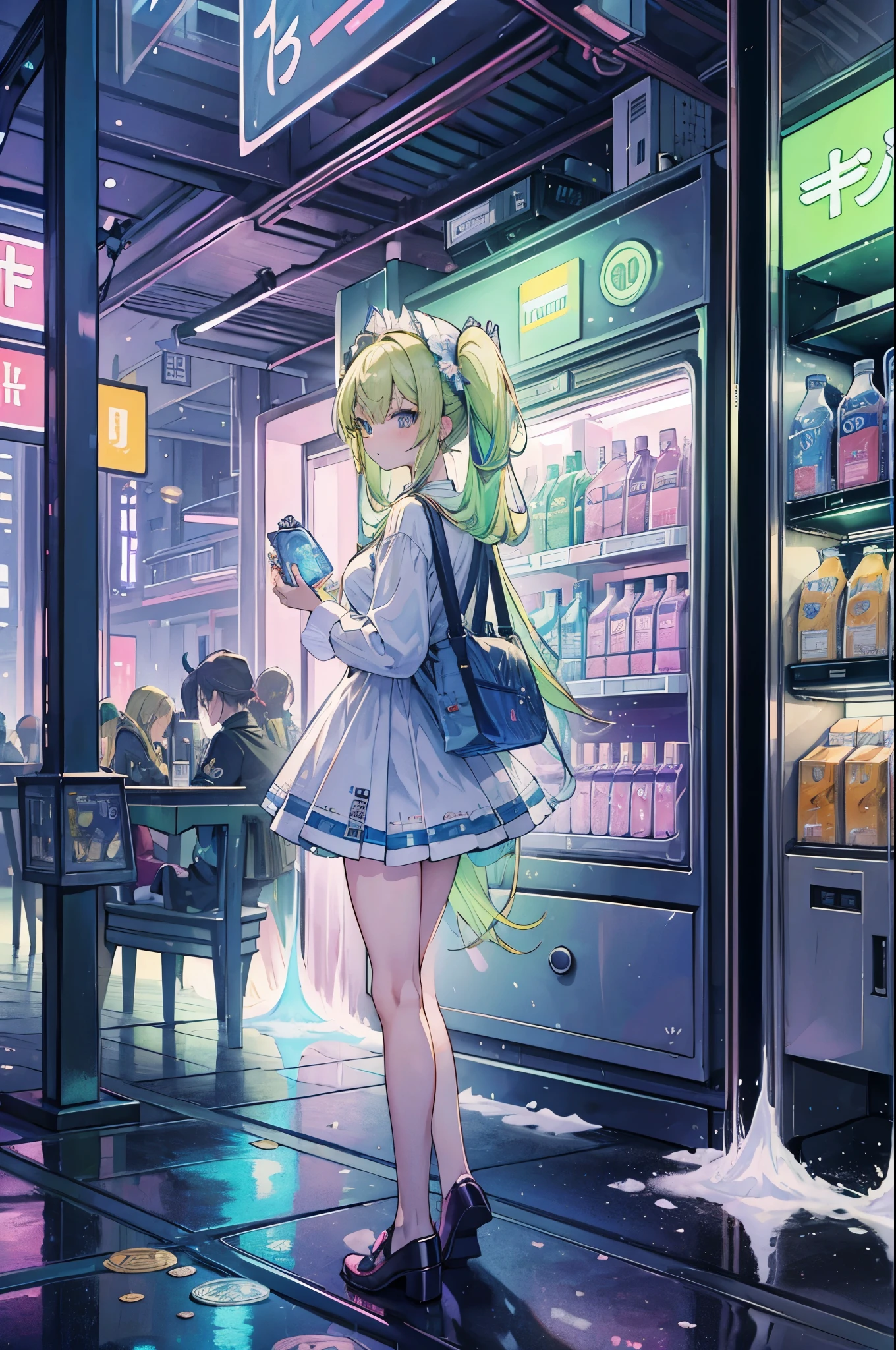 ((best quality, masterpiece, absurdres, super-resolution)) photo of beautiful jpn-gyaru, solo, Green,Blonde,Purple,White hair, standing in playground, from far, from side, glossy, beautiful anime eyes with luster reflection, beautiful, money, coins, drinks, bottled water, can soda, (ramune:1), vending machine on background