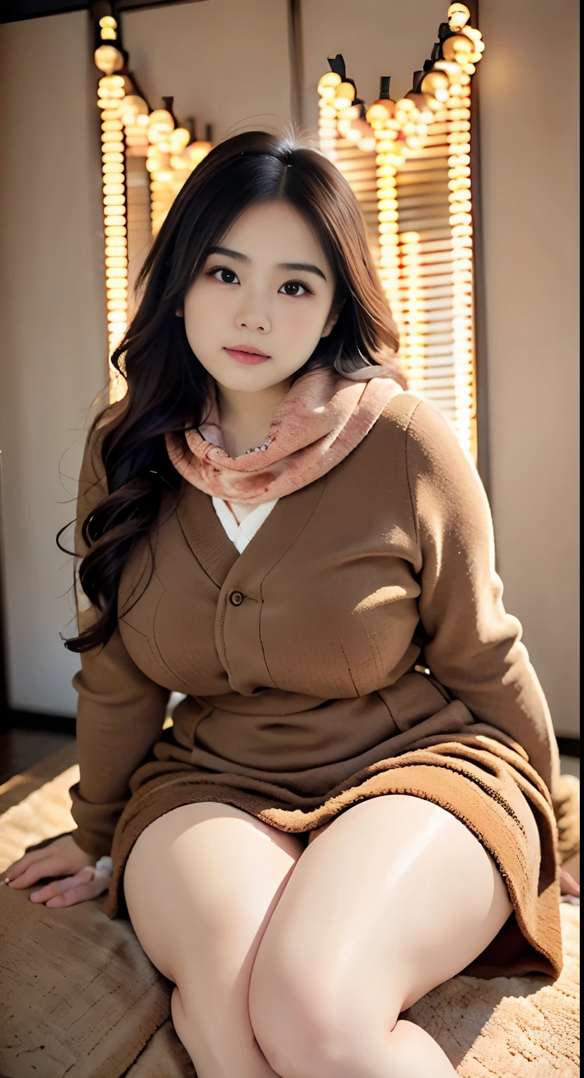 there is a woman sitting down with a longest brown hair, bbwchan, thicc, brown hijab outfit, brown hairstyle model, korean girl, korean woman, wearing brown robe, full length shot, alluring plus sized model, japanese goddess, clothed in hooded, voluptuous and arousing, portrait shot, curvy model, voluptuous body, wonderful, nene tanaka body , bbwchan, The overall atmosphere is smooth , haunting illustrations, extremely high-resolution details, photographic, realism pushed to extreme, fine texture, 4k, ultra-detailed, high quality, high contrast, red sneakers , cold atmosphere ,,