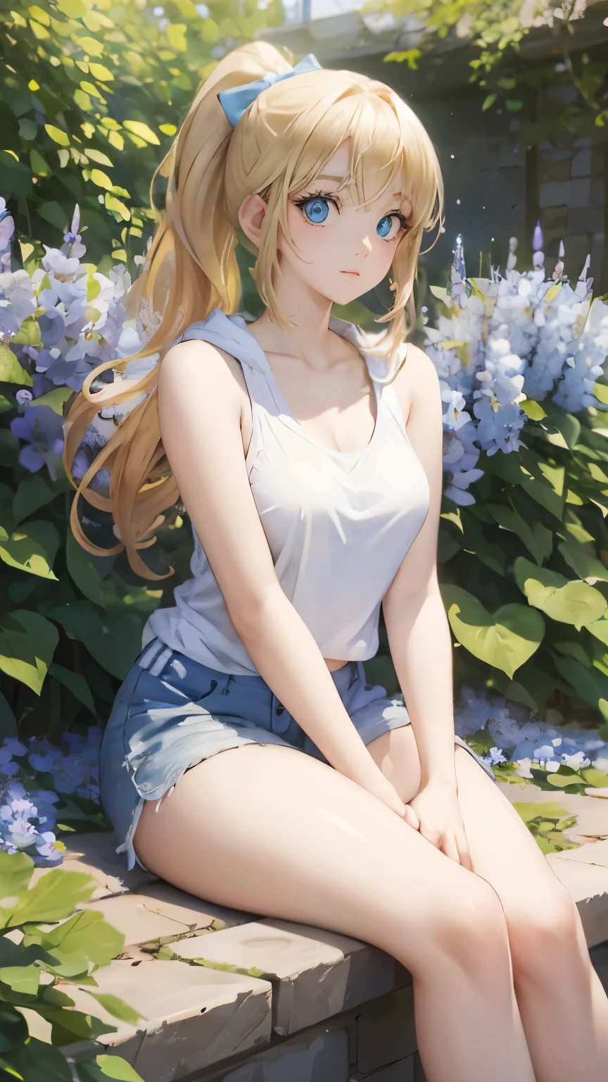 (masterpiece:1.2), (highest quality:1.2),, Curvy but slender body, perfect eyes, perfect face, perfect lighting, 1 girl, in the garden, (feet visible),(hoodie),(shorts),(Tank top),(ponytail),curly hair, Fine clothes, Detailed outdoor background, compensate, eye shadow, thick eyelashes, fantasy, looking at the viewer, whole body,alice in wonderland、blue sky、Bright and very beautiful face、young shiny glossy white shiny skin、the best beauty、The most beautiful bright blonde hair in the world、thin hair、long hair、Shining beautiful bangs、Glowing crystal clear big blue eyes、Very beautiful and lovely 18 years old, the most beautiful girl in the world、small breasts