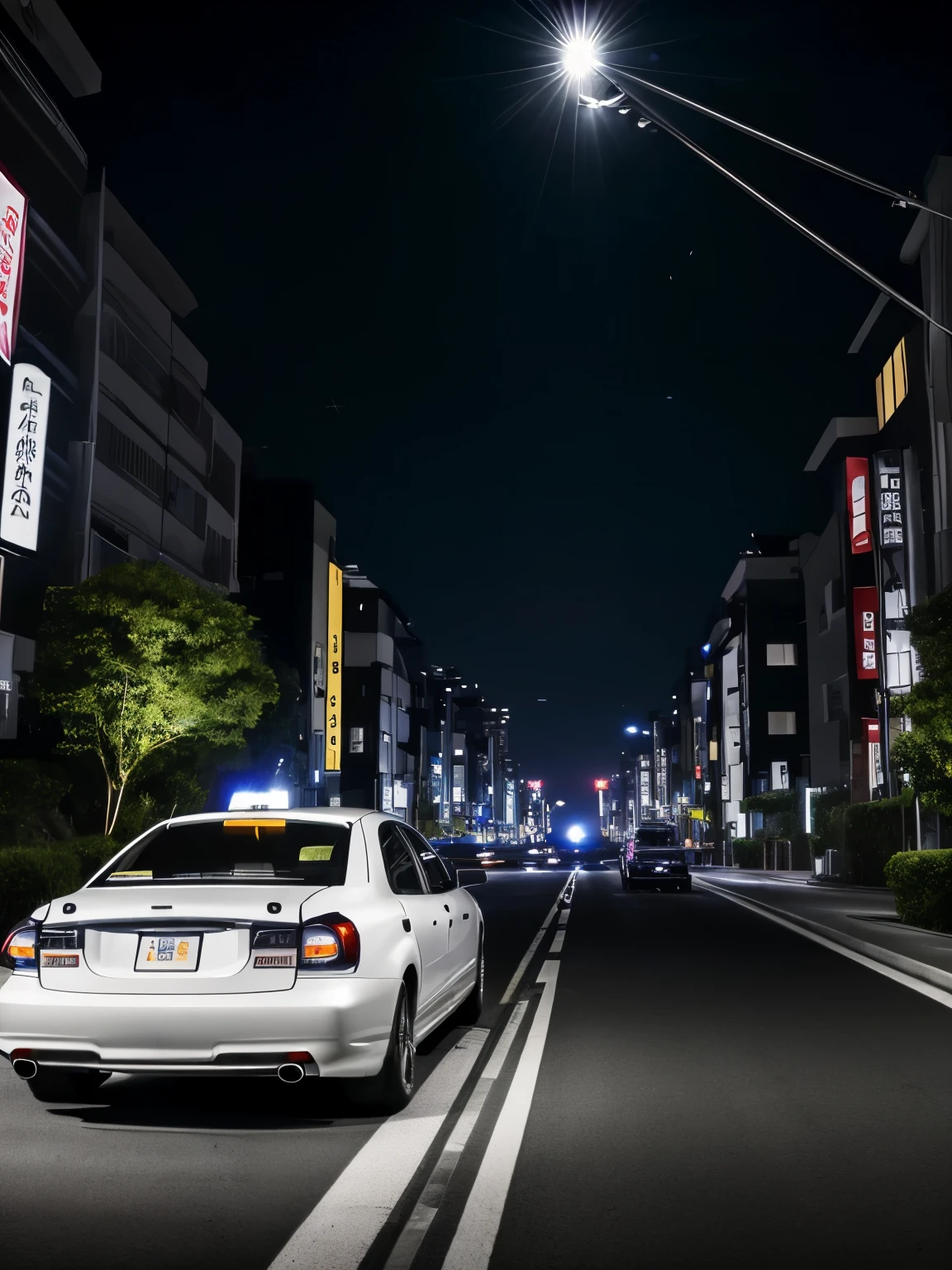 masterpiece、highest quality、realistic pictures、Japan Taxi、White car、running、(((深night:1.4)))、night:1.4、dark、motion line,residential street,