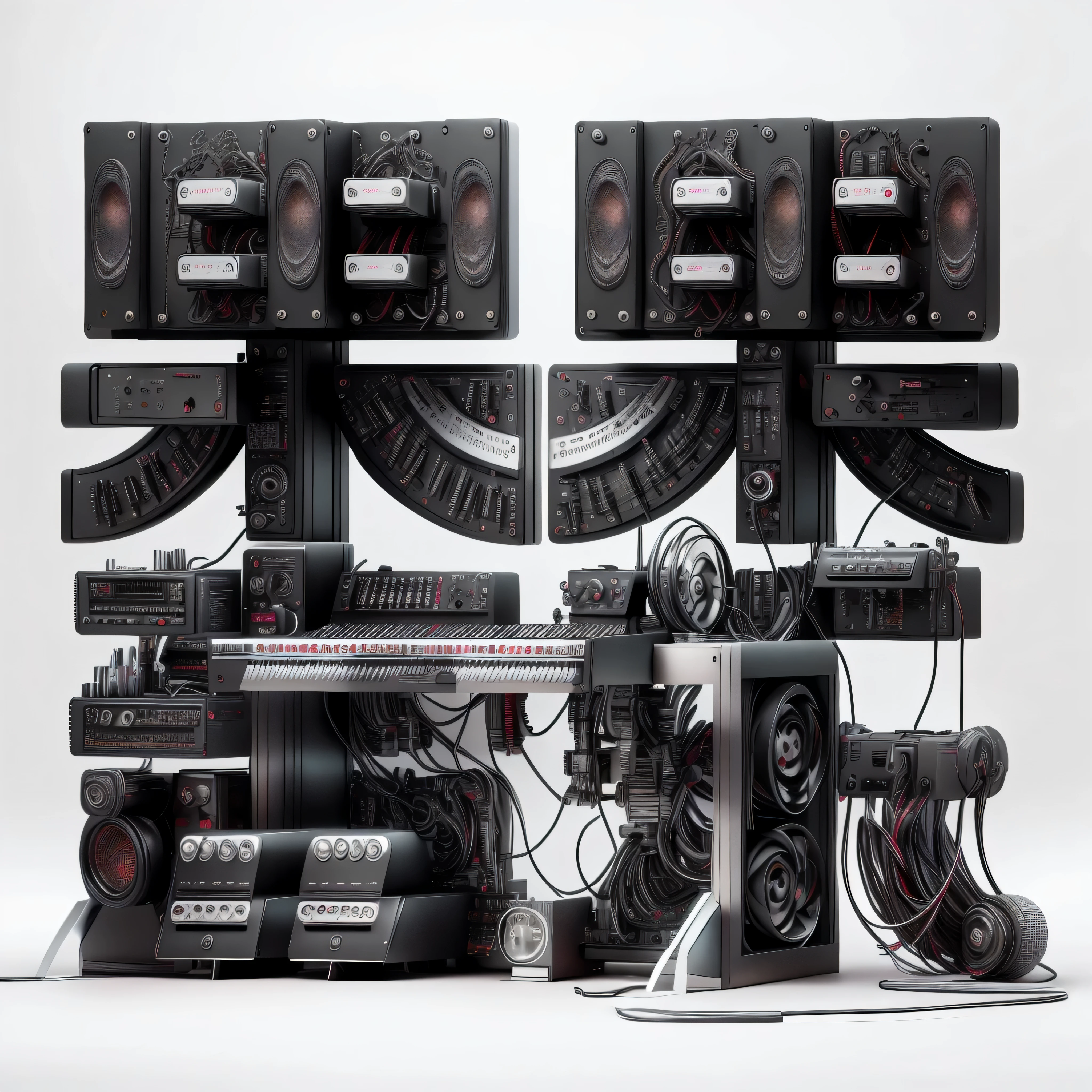 masterpiece,best quality,super detailed,Small stage,band,microphone,electric guitar,mixer,vocal,keyboard,dark gothic pattern,earphone,Indoor light
