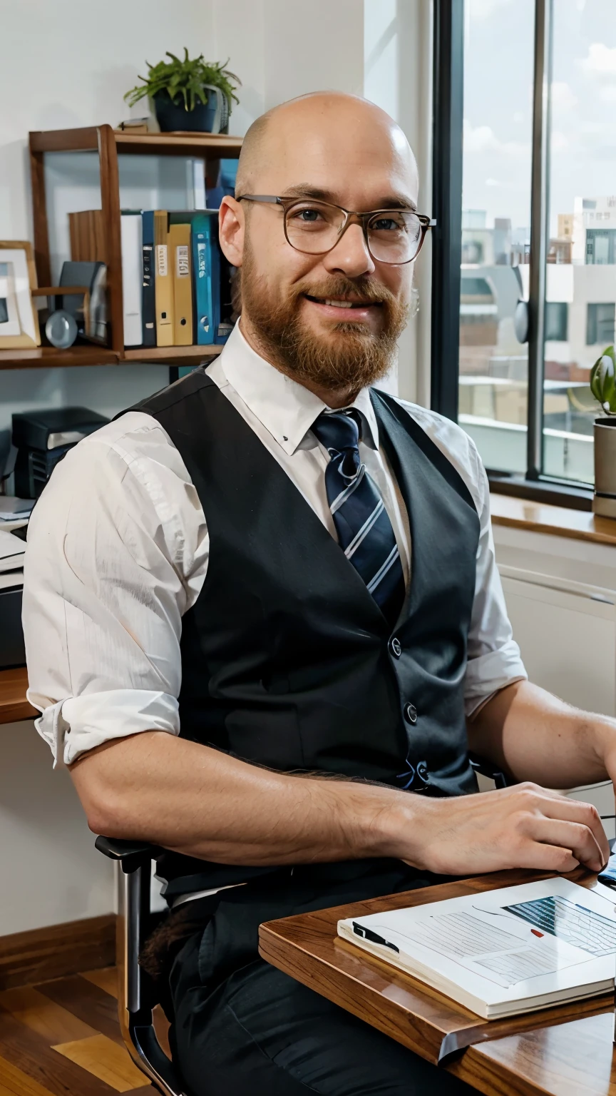 (bald man:1.2,blond beard) posing in the office, friendly cheerful ambience, good lighting, casually dressed, professional setting, contemporary office furniture, modern decor, large windows, natural light, clean and organized workspace, computer on the desk, paperwork, coffee mug, plants on the windowsill, motivational quotes on the wall, attractive artwork, stylish desk accessories, comfortable chair, laptop, smartphone, organized shelves, bookshelf with books and magazines, whiteboard with brainstorming ideas, collaborative work environment, productive atmosphere, positive energy, vibrant colors, stylish wall clocks, polished hardwood floor, glass partitions, business casual attire, confident posture, smiling expression, neatly trimmed beard and mustache, attention to detail, successful businessman, professional and approachable demeanor, busy office environment