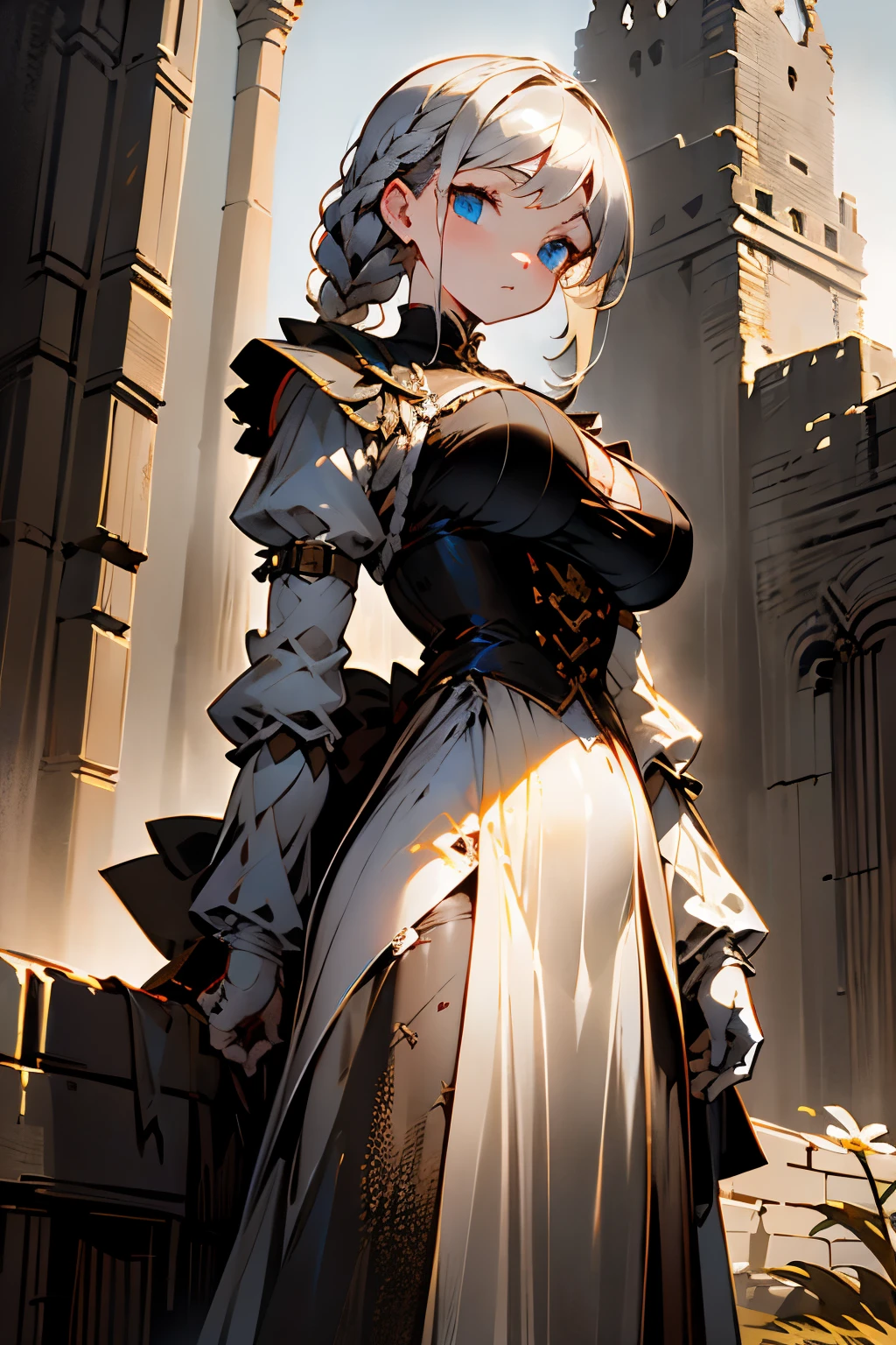 paint:Greg Rutkowski、stand up、Beautiful woman、silver hair、french braid、Wearing detailed Victorian-era armor、white armor、Thin macho、big breasts、、Tied waist、highest quality, super detailed, ground, destroyed city background, shadowy, contrast, gray sky, style (look at viewer: 1.2) (skin texture) (film grain: 1.3), ultra high resolution, octane rendering, 16K