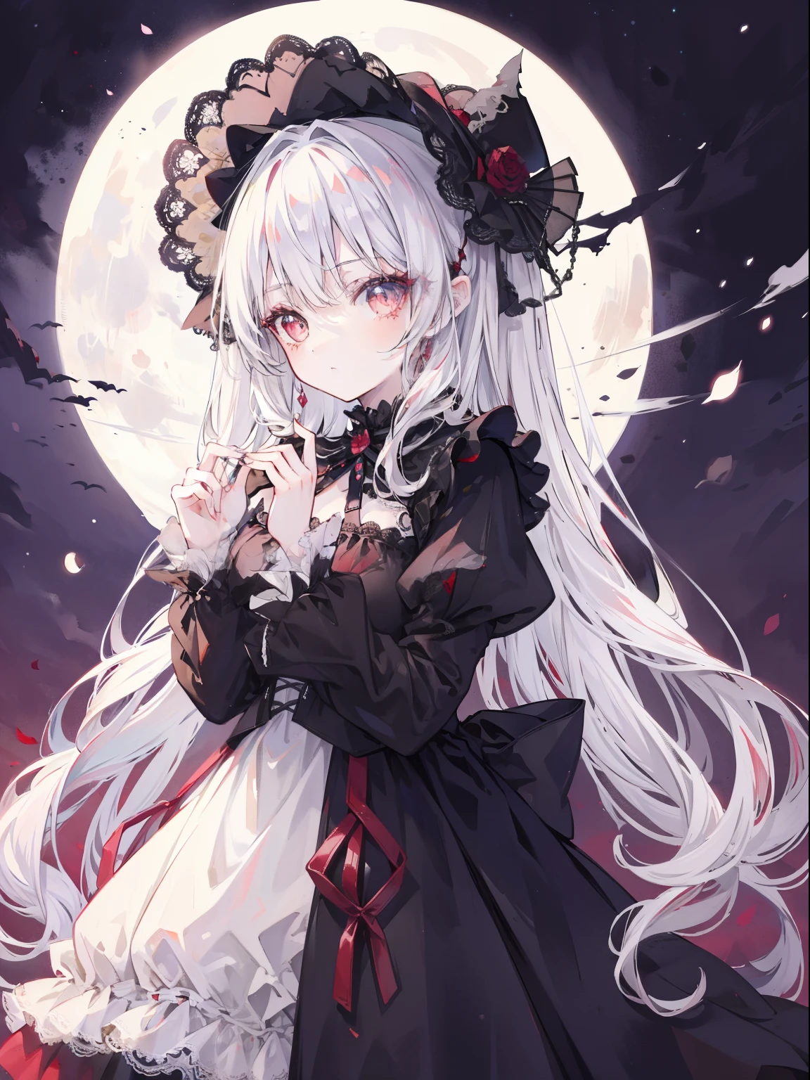 master piece,highest quality,1 girl,gothic,lolita style,long white hair,curly,red colored eyes,fine eyes,hat,night,moon,pay