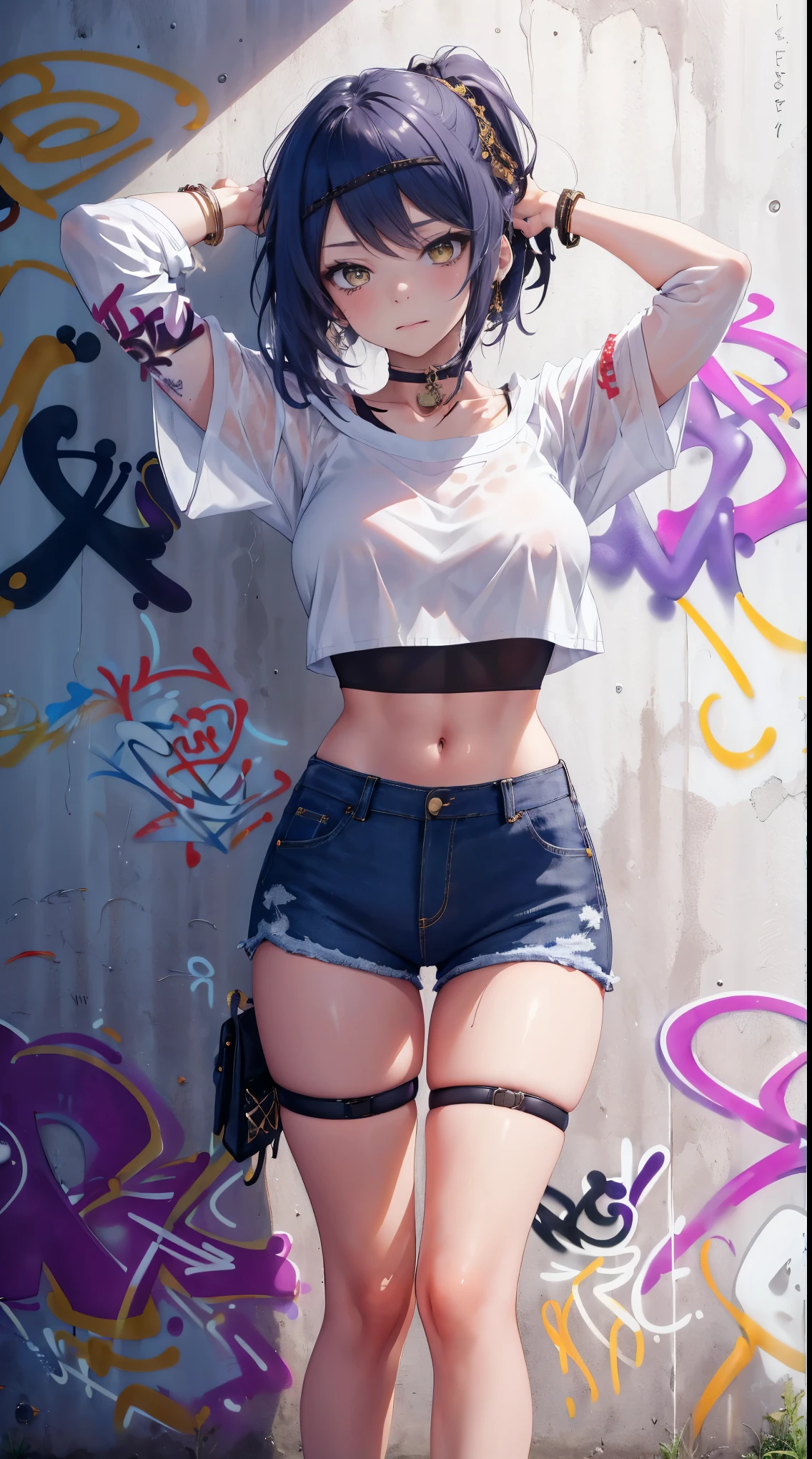 Kujou Sara Genshin Effects, Masterpiece, best quality, 1 girl, Medium bust, long hair ,Ponytail, only, crop top, Jeans shorts, choker, (graffiti:1.5), Splashed with purple lightning pattern., arms behind, against the wall, Look at the audience from behind., bracelet, thigh strap, tilt your head, bored, Ponytail, water source,