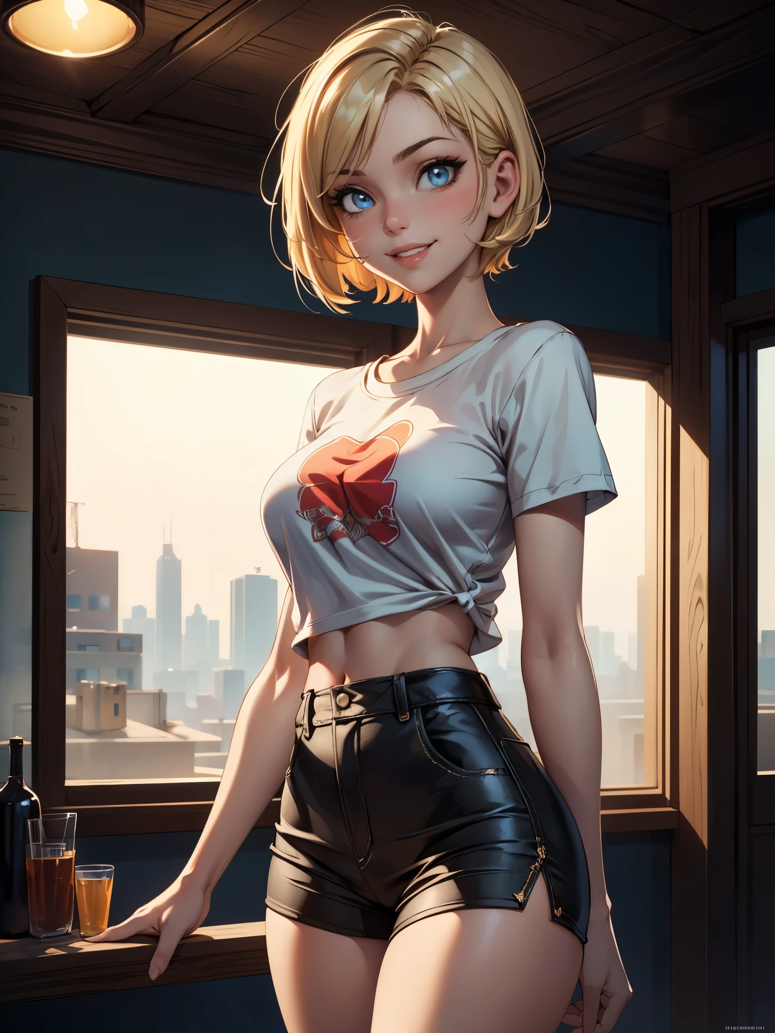 (masterpiece, best quality:1.1576), (ultra-detailed:1.1025), (cinematic lighting, illustration:1.05, beautiful detailed eyes, 1girl:1.05), cowboy shot, looking at viewer, depth of field, t-shirt, high waisted shorts, smile, blonde hair, short hair, smirk, seductive smile
