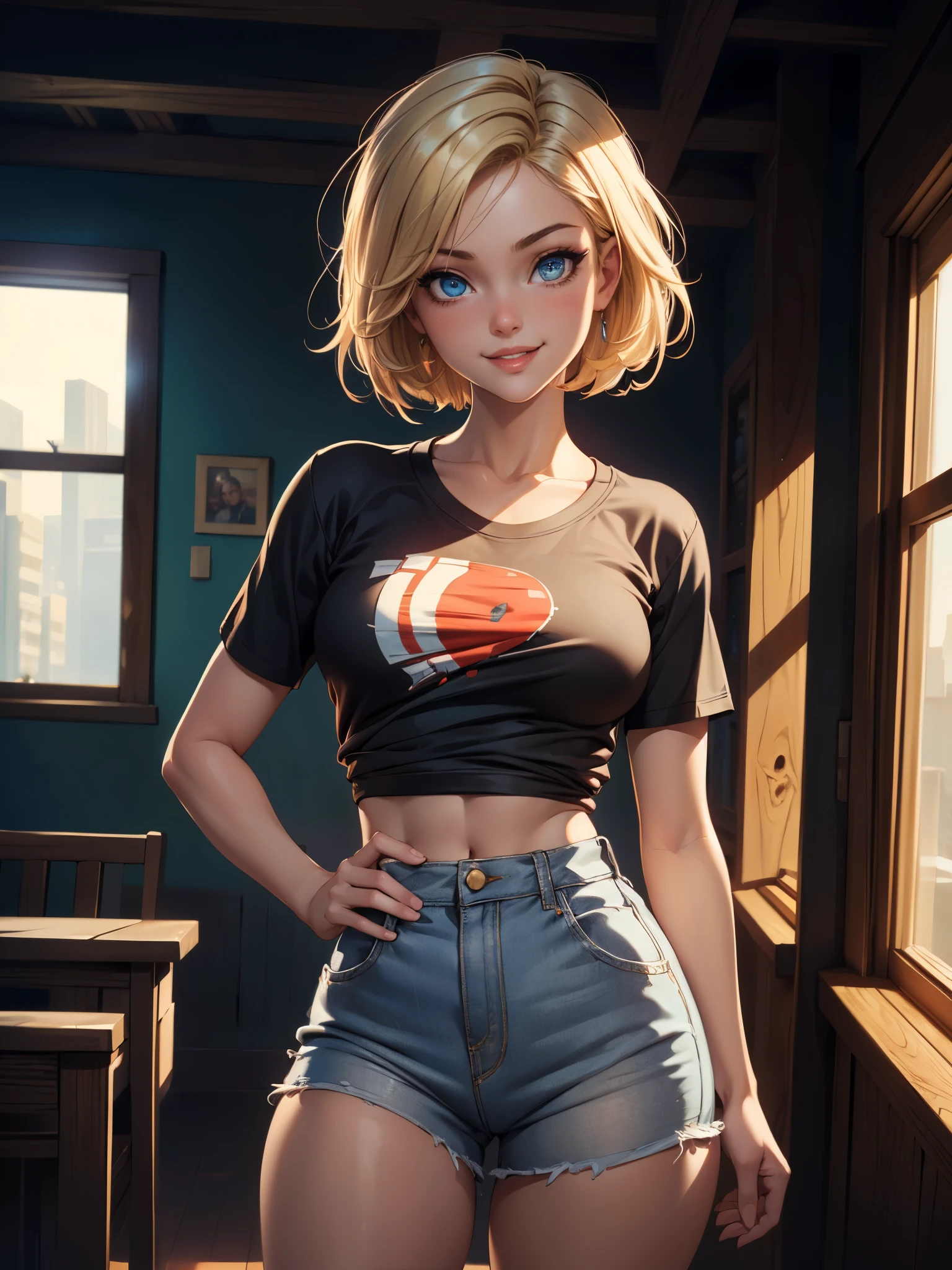 (masterpiece, best quality:1.1576), (ultra-detailed:1.1025), (cinematic lighting, illustration:1.05, beautiful detailed eyes, 1girl:1.05), cowboy shot, looking at viewer, depth of field, t-shirt, high waisted shorts, smile, blonde hair, short hair, smirk, seductive smile