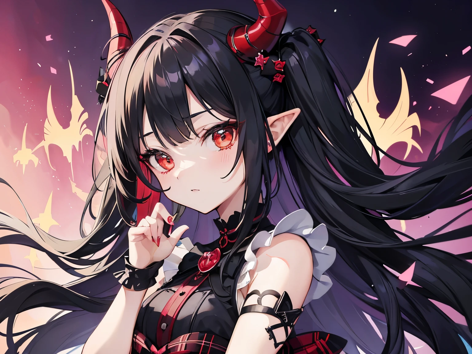 vampire, tooth, plaid dress, super gorgeous, very detailed, complicated hairstyle, bow, changeta fashion, changeta style, anime girl cosplay, change, cute, 天使のようなcute, , portrait of changeta girl, red checker, and 2k, 2000, emo style, non-mainstream, red checker, Mine series girl, harajuku style, exaggerated dressing, intricate ornaments, rock style, gothic style, devil's horns, A vine wrapped around my hand, thorn rose