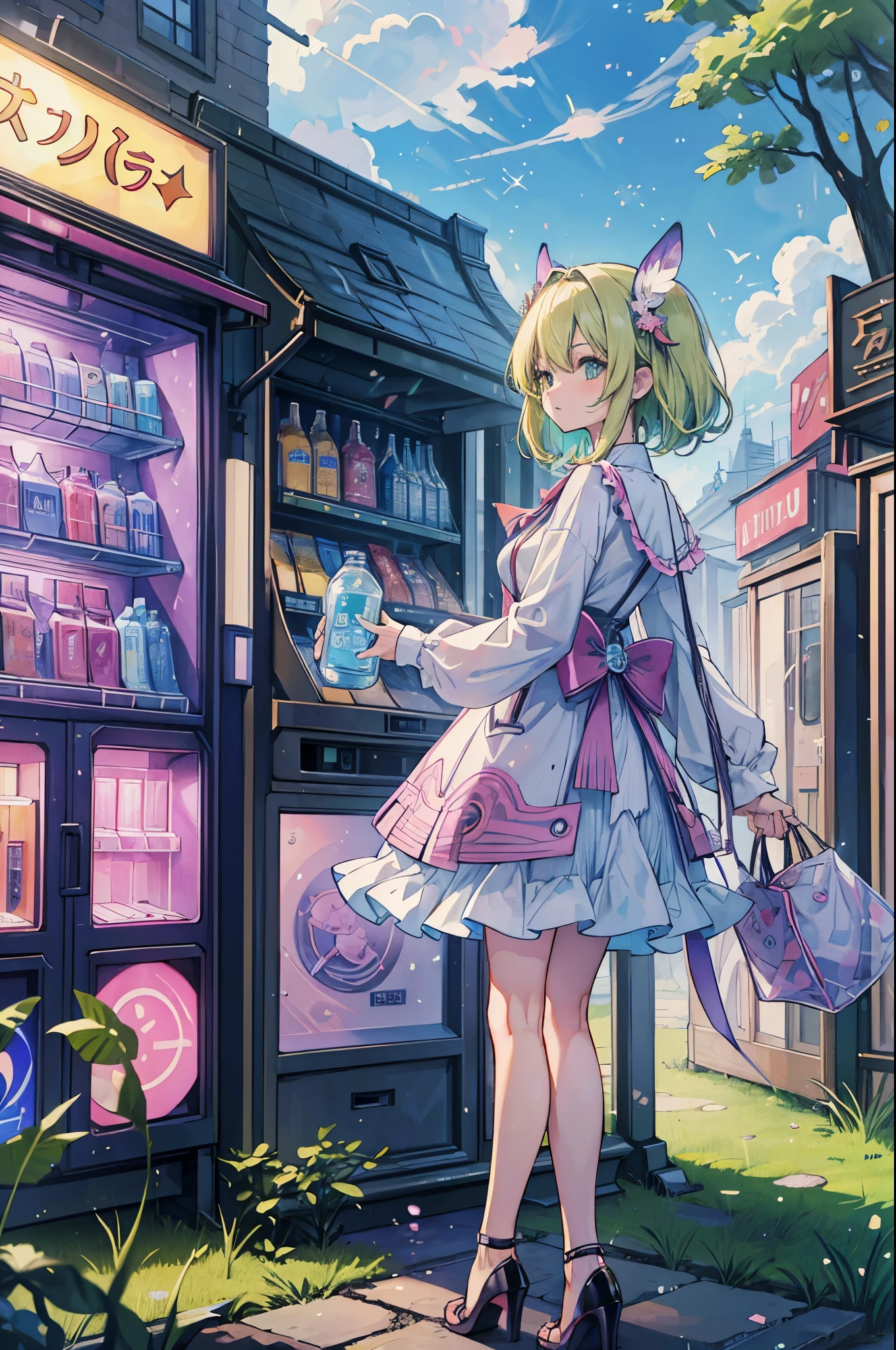 ((best quality, masterpiece, absurdres, super-resolution)) photo of beautiful jpn-gyaru, solo, Green,Blonde,Purple,White hair, standing in playground, from far, from side, glossy, beautiful anime eyes with luster reflection, beautiful, money, coins, drinks, bottled water, can soda, (ramune:1), vending machine on background
