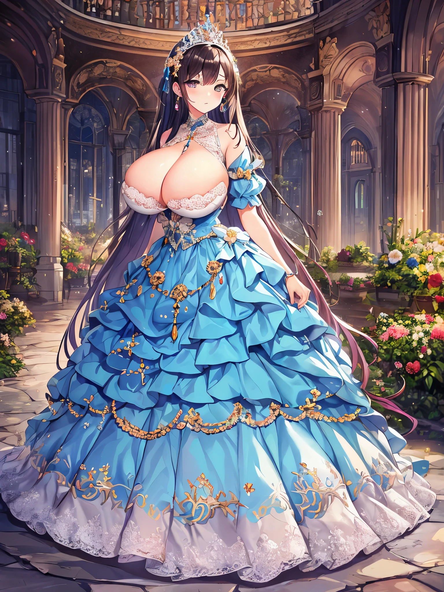 anime artstyle,Masterpiece,Best Quality,Super Detail,((Very Delicate and Beautiful)),(((1 princess in beautiful embroidery and jeweled gorgeous rococo ballgown with voluminous hoop skirt))),((Solo)),((winter garden with snow,sonw,sky)),((outdoor)),(((full body))),(very gigantic tits:1.7),((,cleavage,gigantic tits,cleavage,sagging tits)),skindentation,(detailed face and eyes),jewel-like eyes,((extremely voluminous straight Hair,Extremely Long Straight Hair)),((gorgeousfull embroidery and lace,beautiful embroidery and jeweled)),Gorgeous Gemstone Jewelry,gorgeous corsage,((gorgeous hair ornament,glitter jeweled gorgeous big tiara)),((full body)),((beautiful embroidery and jeweled gorgeous rococo ballgown with voluminous hoop skirt)),(crinoline),((winter garden with snow,sonw,snowflake,outdoor,sky)),Looking at viewer,dynamic angle,(((beautiful embroidery and jeweled gorgeous rococo ballgown with voluminous hoop skirt))),(gorgeous rococo ballgown),(full body)