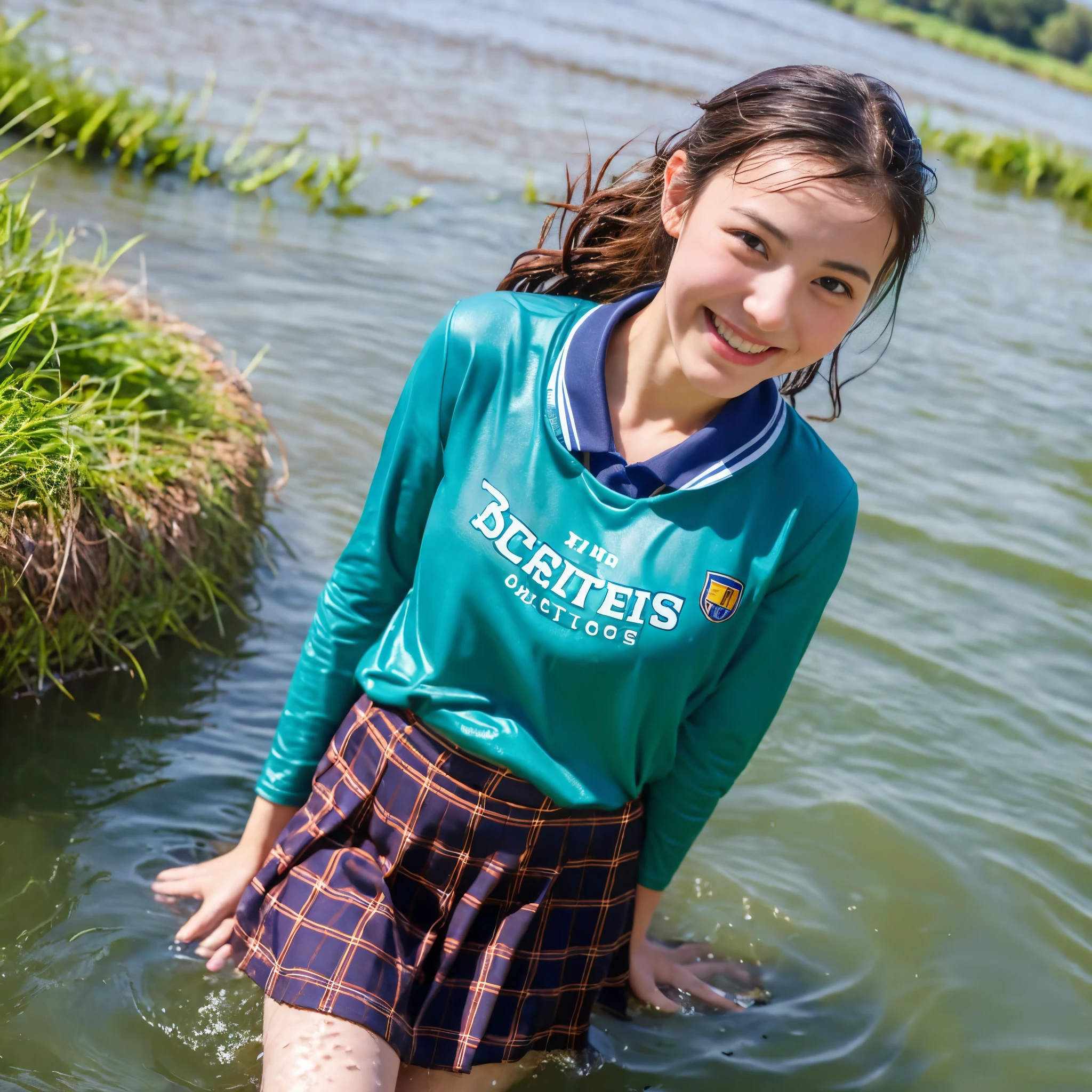 Young woman swimming in the river, flirting with the camera, cheerful, fully clothed, long sleeved shirt, skirt  , school uniform,  wet clothes, soaked, masterpiece, best quality
