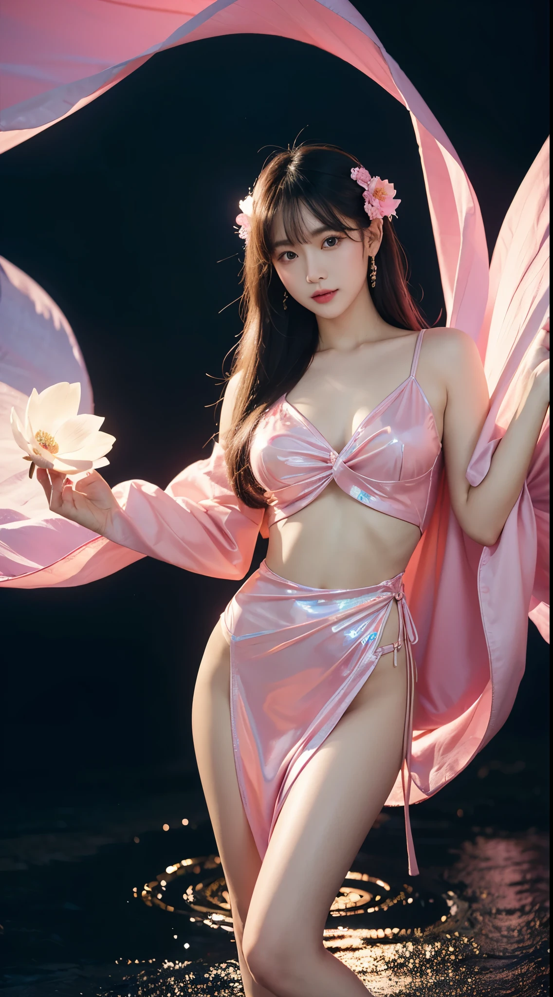 Thai girl, 24 years old Silver bangs, wears glasses, and has a beautiful, eye-catching face. Holographic translucent body in mobile music player In a Japanese-inspired visual style, Pin Ups Girl's soft reds and soft blacks flow like the wind. Standing on a lotus blooming in the clouds amid colored smoke There are many colorful dances, light fabrics fluttering, the hems fluttering and fluttering. The wind blows and there is a glowing light of gold, pink, and blue, sparkling all around. Wide-angle art can be seen in full. Digital painting, 3D characters, black background, realistic 3D oil painting.