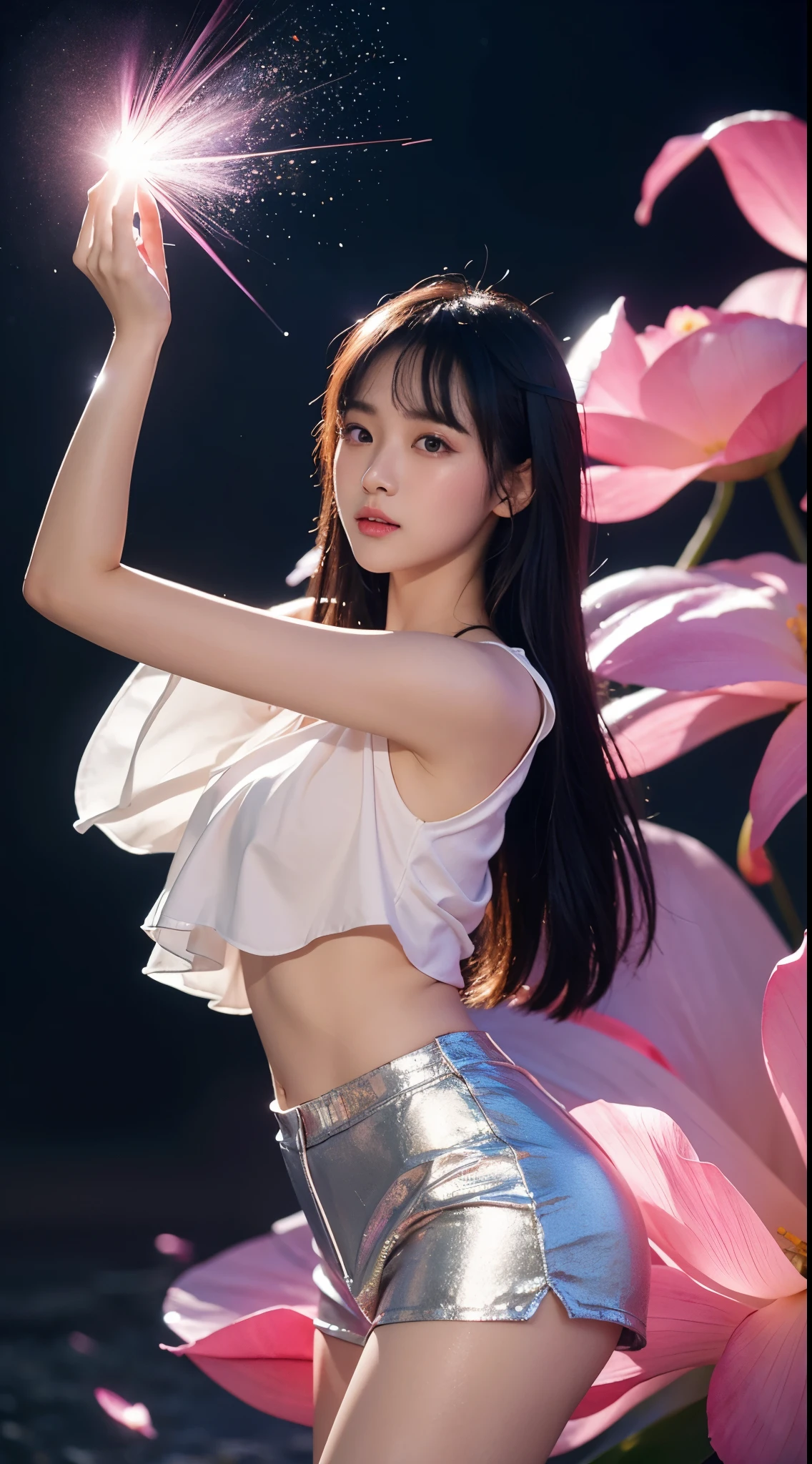 Cosplay_TeamRocket, white jacket, cropped jacket, white skirt, elbow gloves, black thighhighs, zettai ryouiki, Elegant posture, She gently lifted her skirt with one hand,头发周围有白色的Butterfly兰,Lilac dendrobium、White Lily, Long legs , Deep in Wonderland, ((Flowing long hair))Official Art , Unity8k Wallpaper , Extremely detailed , Visible cleavage, Pretty and beautiful , 性感Long legs, masterpiece , best quality ,Practical, Very detailed illustrations ,Extremely detailed , Intricate details , Extremely complex and detailed , Very detailed 8KCG wallpaper , Caustics .reflection , Ray Tracing , Devil theme ,nebula ,Dark aura, Network Effects , (1 girl)solitary , 小蓝Butterfly , (Blue plasma flame , (insect , Butterfly)) Pastel tones in Rococo style ,Light white and light dark red , Incredibly beautiful , Cherry blossoms , Surrealism ,painting , Ethereal , Mixing reality and fantasy elements ,Ray Tracing , Complex Mode , Exquisite lines , Perfect your hands, Starry Sky , Colorful , Star