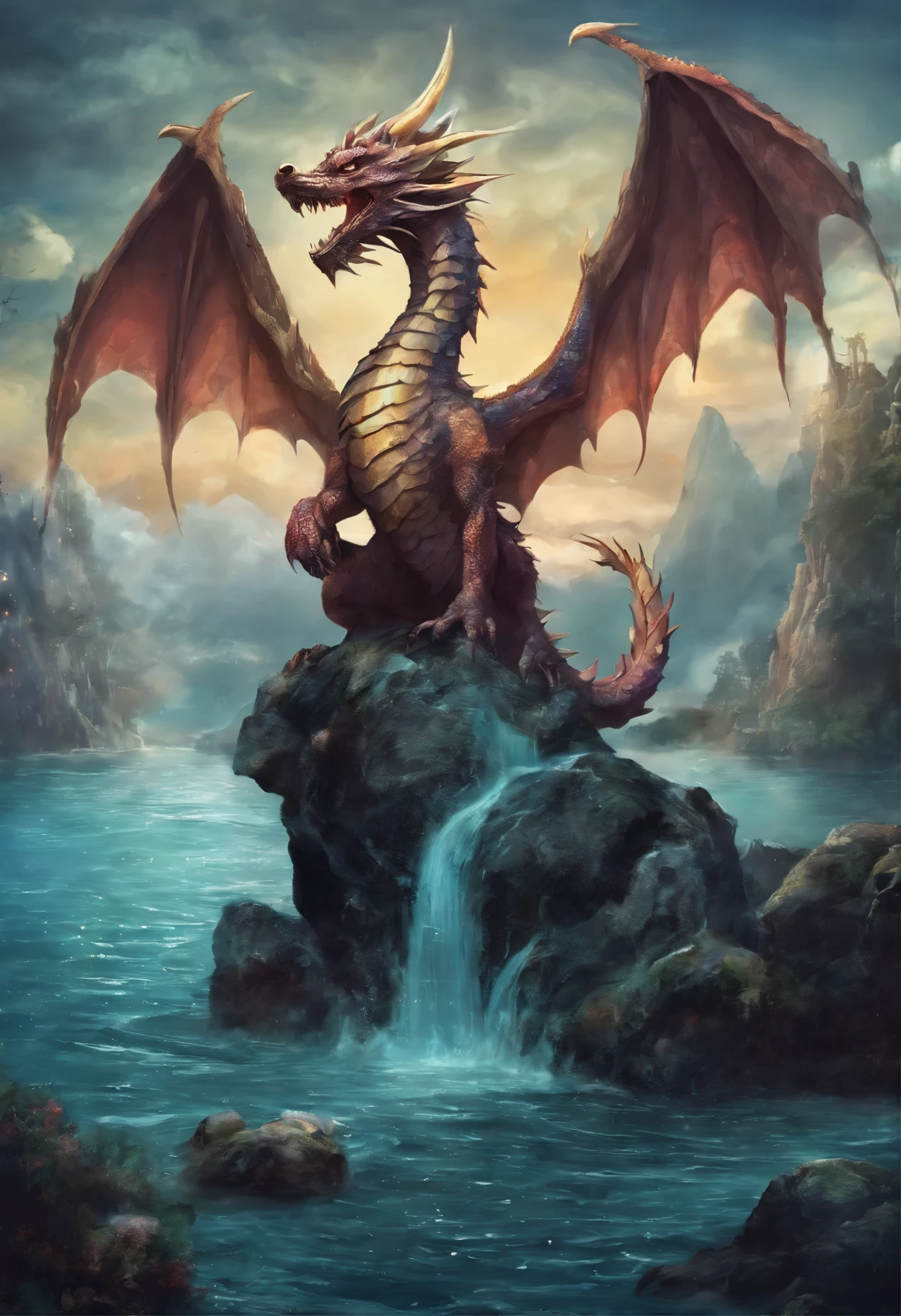 Dragon on a rock in the sea