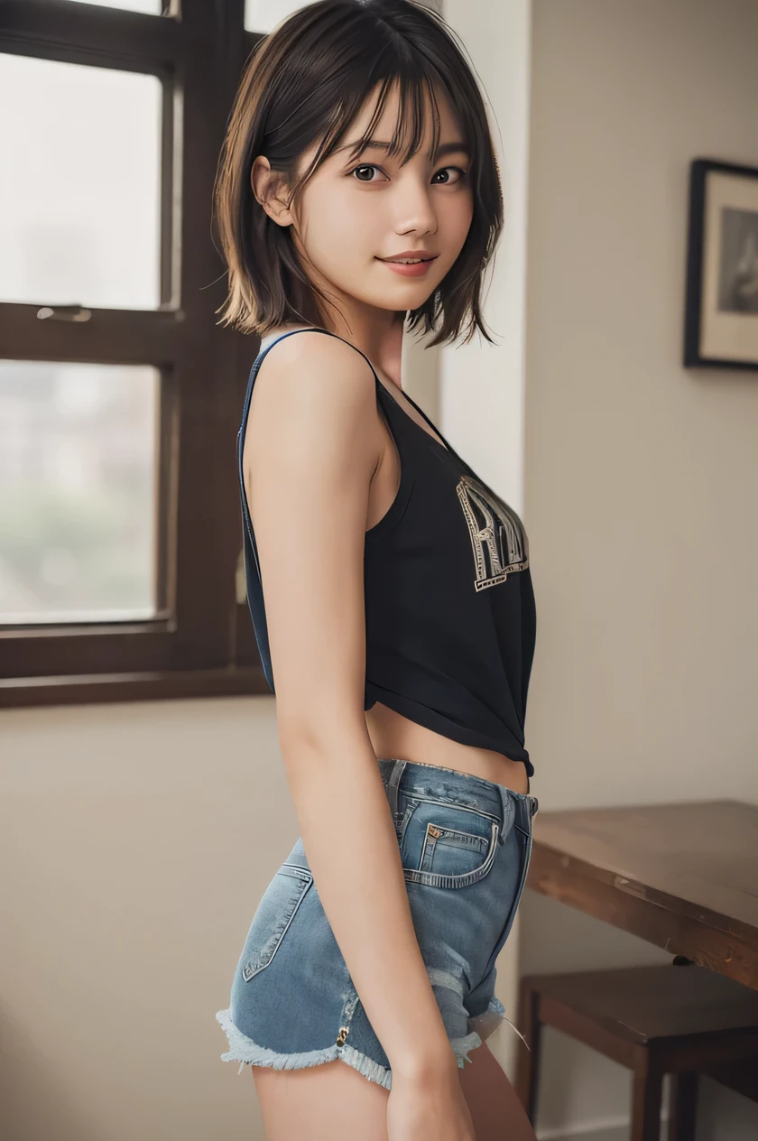 one girl, (a beauty girl, delicate girl:1.3), (************, gal:1.3), (denim shorts:1.2), very fine eye definition, (symmetrical black eyes:1.3), stare at the camera, A big smile, show teeth, (room view:1.2), small breasts, brown short hair, girl, (eyes and faces with detailed:1.5), (masterpiece, best quality, ultra detailed, detailed face, 8k), cowboy shot from the under, Swayback stance,