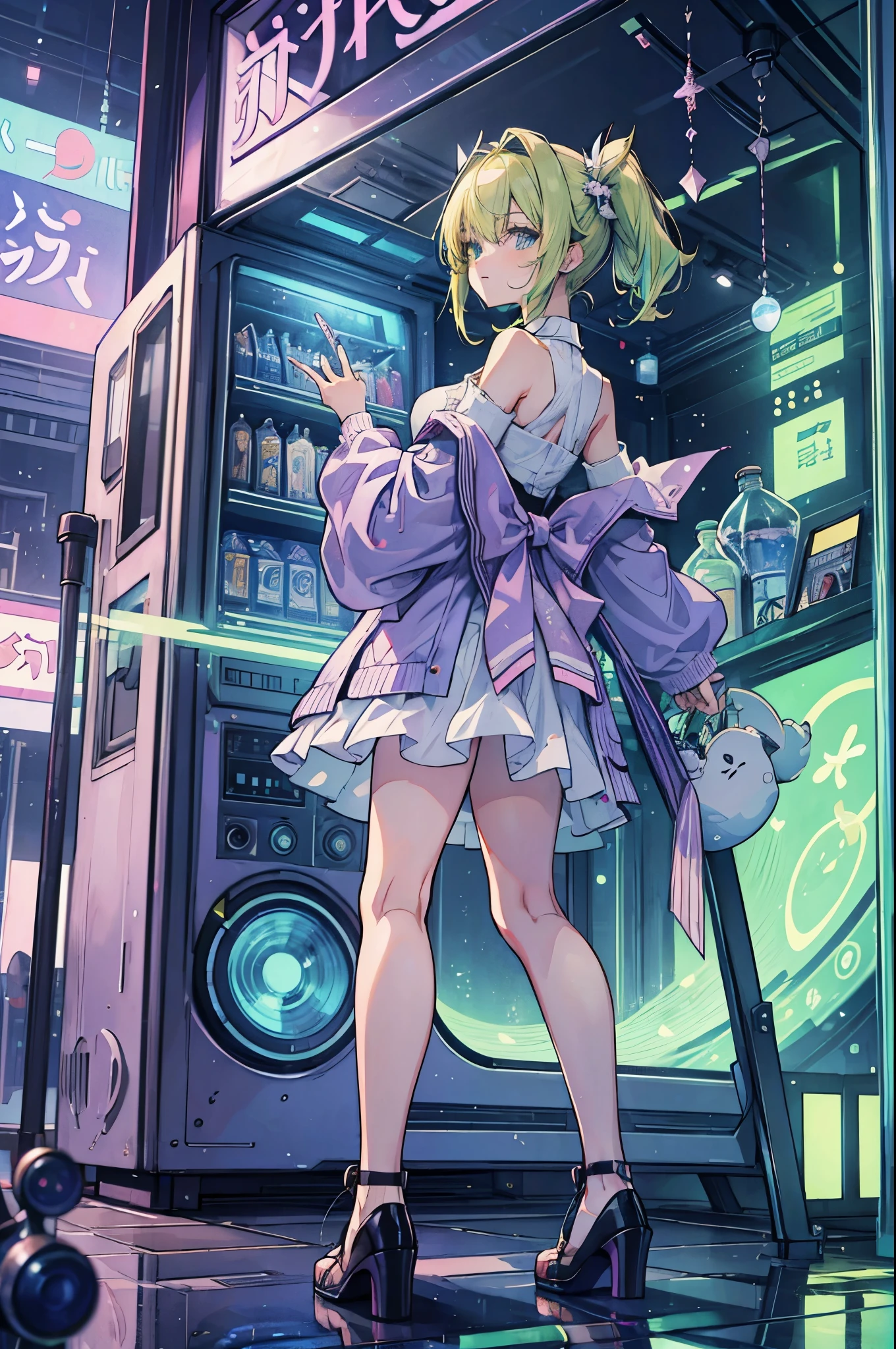 ((best quality, masterpiece, absurdres, super-resolution)) photo of beautiful jpn-gyaru, solo, Green,Blonde,Purple,White hair, standing in playground, from far, from side, glossy, beautiful anime eyes with luster reflection, beautiful, money, coins, drinks, bottled water, can soda, (ramune:1), vending machine on background