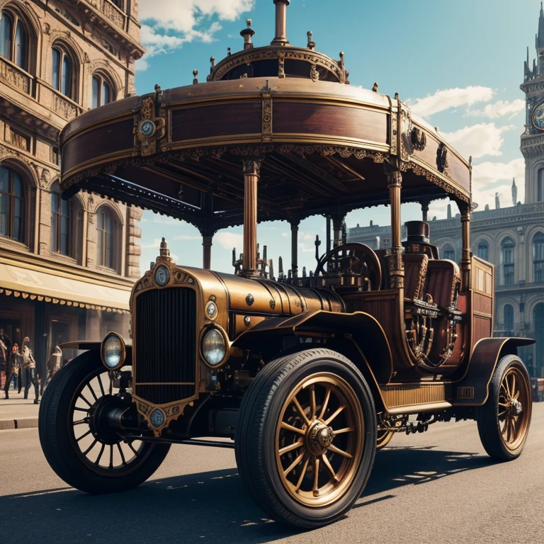 A custom steampunk vehicule, combining elements of Victorian design with retro-futuristic technology, set in a bustling city square of the steam era, detailed with cogs, gears, and stem pipes, vibrant colors, dynamic scene, high definition, high quality, 16k resolution