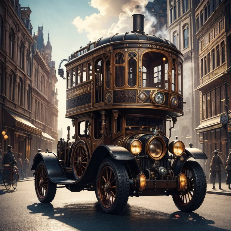 A custom steampunk vehicule, combining elements of Victorian design with retro-futuristic technology, set in a bustling city square of the steam era, detailed with cogs, gears, and stem pipes, vibrant colors, dynamic scene, high definition, high quality, 16k resolution