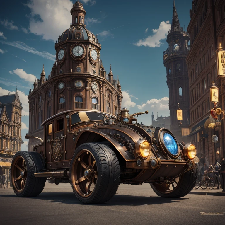 A custom steampunk vehicule, combining elements of Victorian design with retro-futuristic technology, set in a bustling city square of the steam era, detailed with cogs, gears, and stem pipes, vibrant colors, dynamic scene, high definition, high quality, 16k resolution