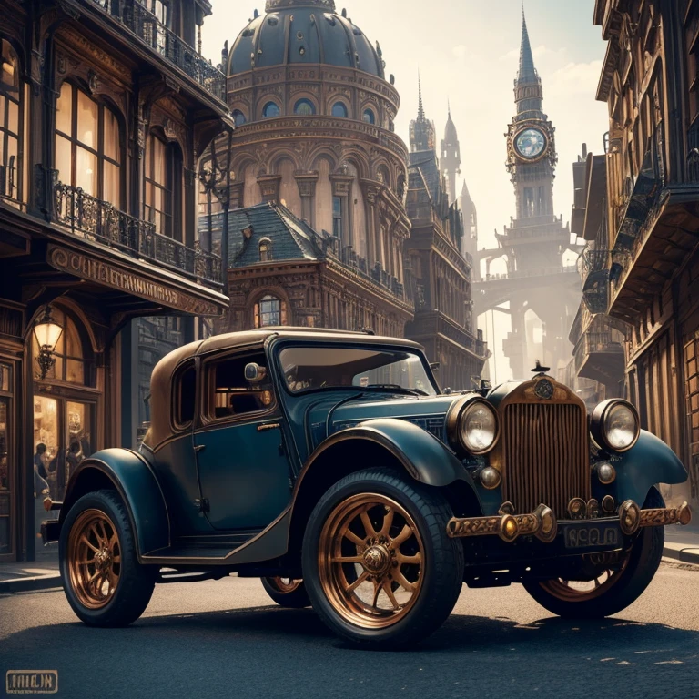 A custom steampunk vehicule, combining elements of Victorian design with retro-futuristic technology, set in a bustling city square of the steam era, detailed with cogs, gears, and stem pipes, vibrant colors, dynamic scene, high definition, high quality, 16k resolution