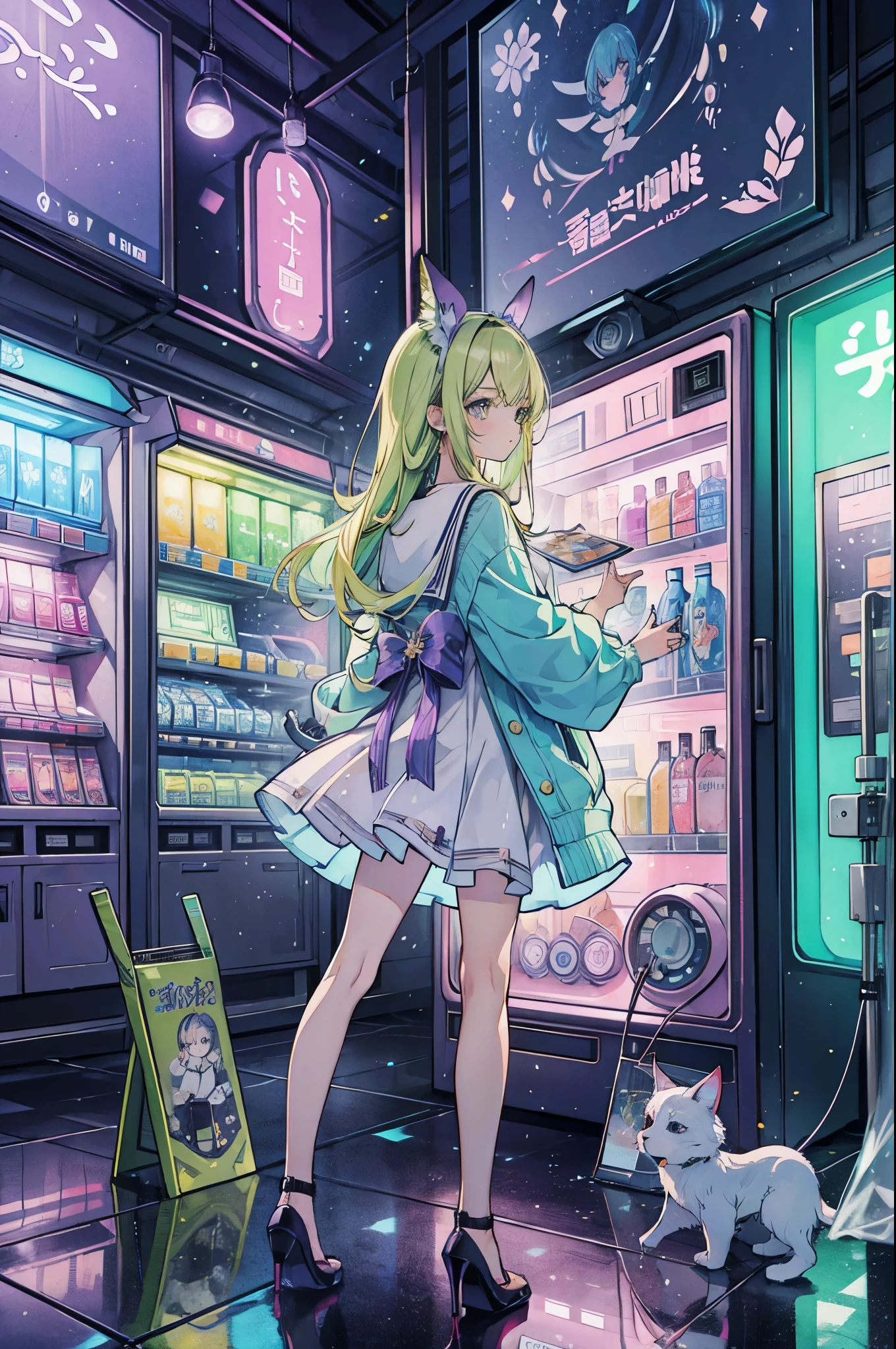 ((best quality, masterpiece, absurdres, super-resolution)) photo of beautiful jpn-gyaru, solo, Green,Blonde,Purple,White hair, standing in playground, from far, from side, glossy, beautiful anime eyes with luster reflection, beautiful, money, coins, drinks, bottled water, can soda, (ramune:1), vending machine on background