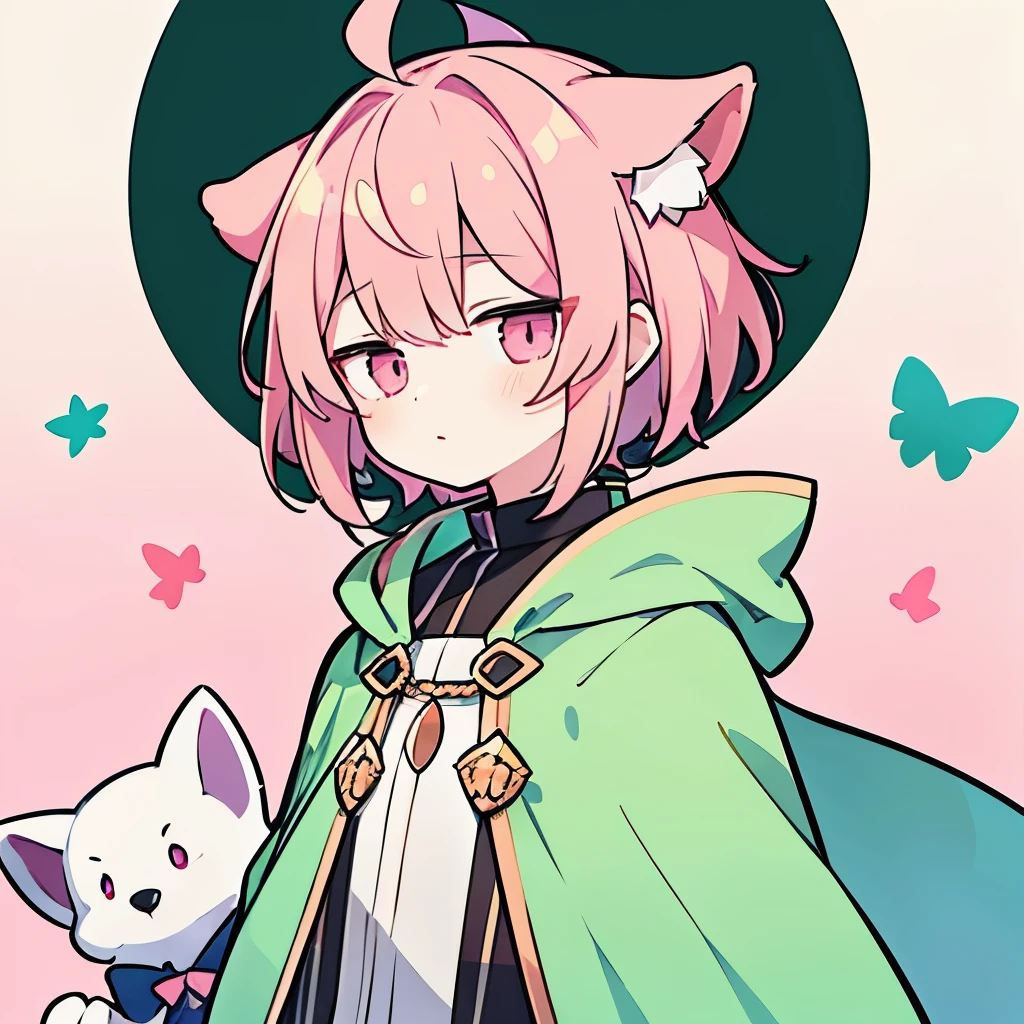 A young man, with a light tone and a sense of lines, short hair with purple gradient and pink, pale pink eyes, mint-green (dog ears), wearing a mint-green cloak and a peach hairpin on his head.