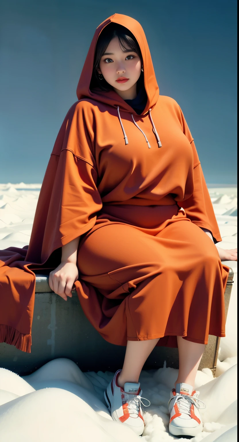 there is a woman sitting down with a longest brown hair, bbwchan, thicc, brown hijab outfit, brown hairstyle model, korean girl, korean woman, wearing brown robe, full length shot, alluring plus sized model, japanese goddess, clothed in hooded, voluptuous and arousing, portrait shot, curvy model, voluptuous body, wonderful, nene tanaka body , bbwchan, The overall atmosphere is smooth , haunting illustrations, extremely high-resolution details, photographic, realism pushed to extreme, fine texture, 4k, ultra-detailed, high quality, high contrast, red sneakers , cold atmosphere ,,