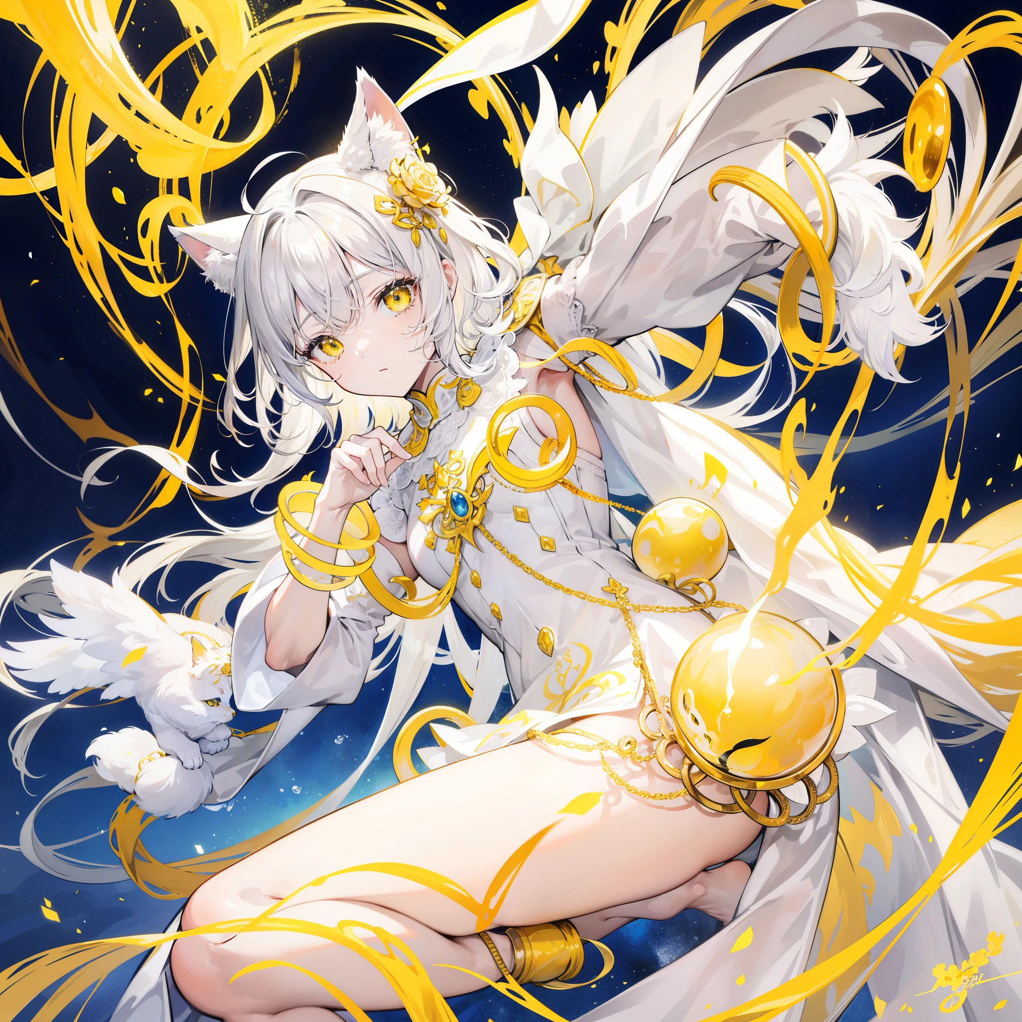 Titles with multiple yellow soul rings「Douluo Continent」,it's a beautiful sister,yellow and white color scheme,It's called the Yellow Spirit Cat,medium hair,silver hair,yellow eyes