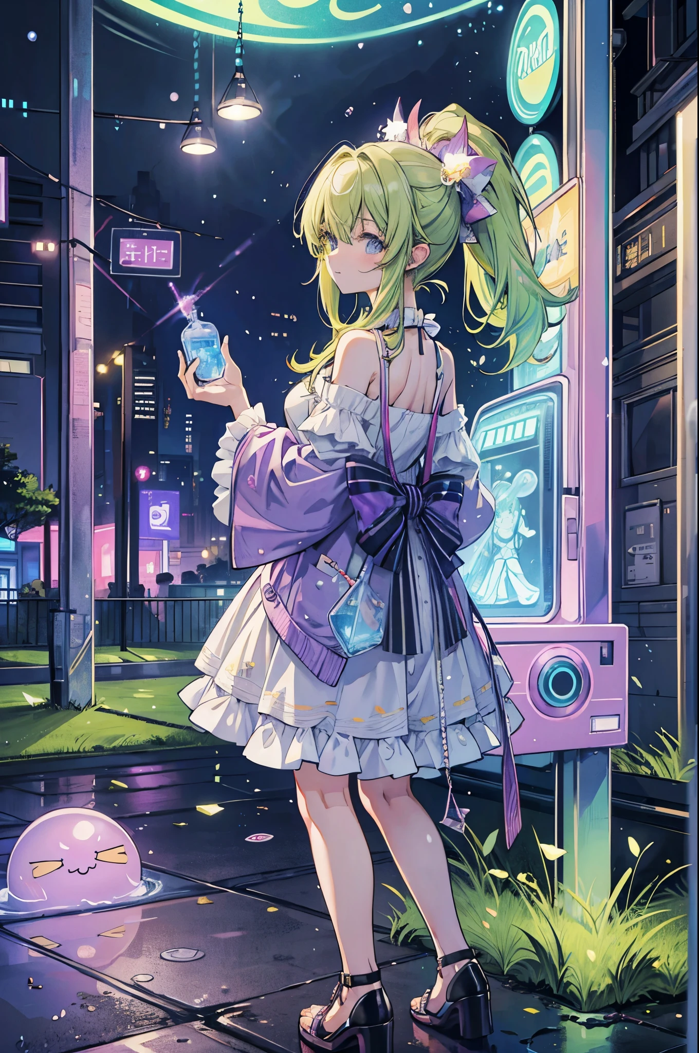 ((best quality, masterpiece, absurdres, super-resolution)) photo of beautiful jpn-gyaru, solo, Green,Blonde,Purple,White hair, standing in playground, from far, from side, glossy, beautiful anime eyes with luster reflection, beautiful, money, coins, drinks, bottled water, can soda, (ramune:1), vending machine on background
