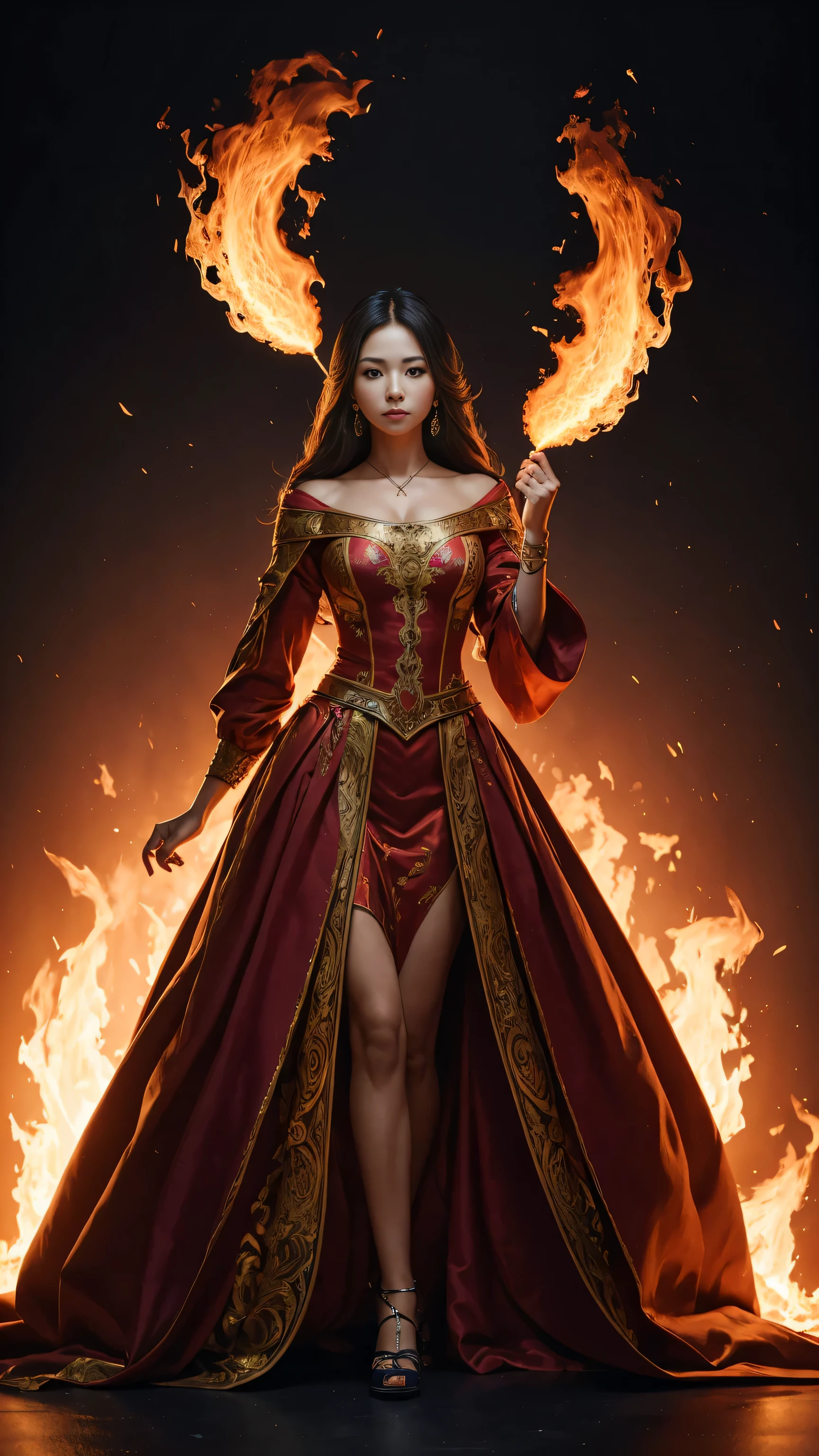 Create a woman wearing an elegant dress made of dark blood red dragon scales with a slight black gradient. The dress has a slight neckline and points at the end of the dress and at the end of the mango it has a slightly burnt appearance and orange-red from fire.