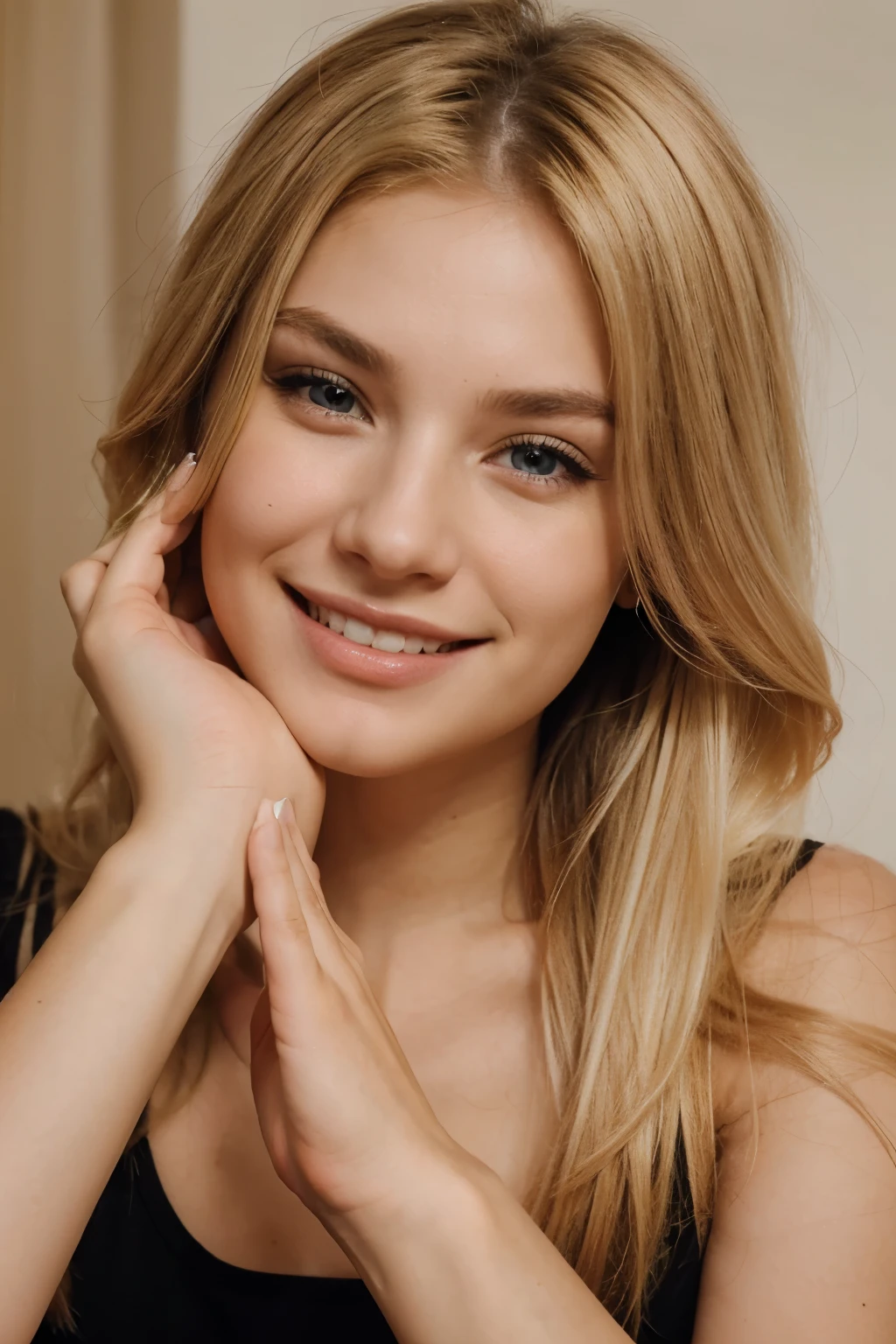 beautiful young realistic girl, 24 years, Hair color blonde, loving facial expression, smiling, puts both palms to his face, beautiful pink manicure on nails, white top with imkosmetik inscription