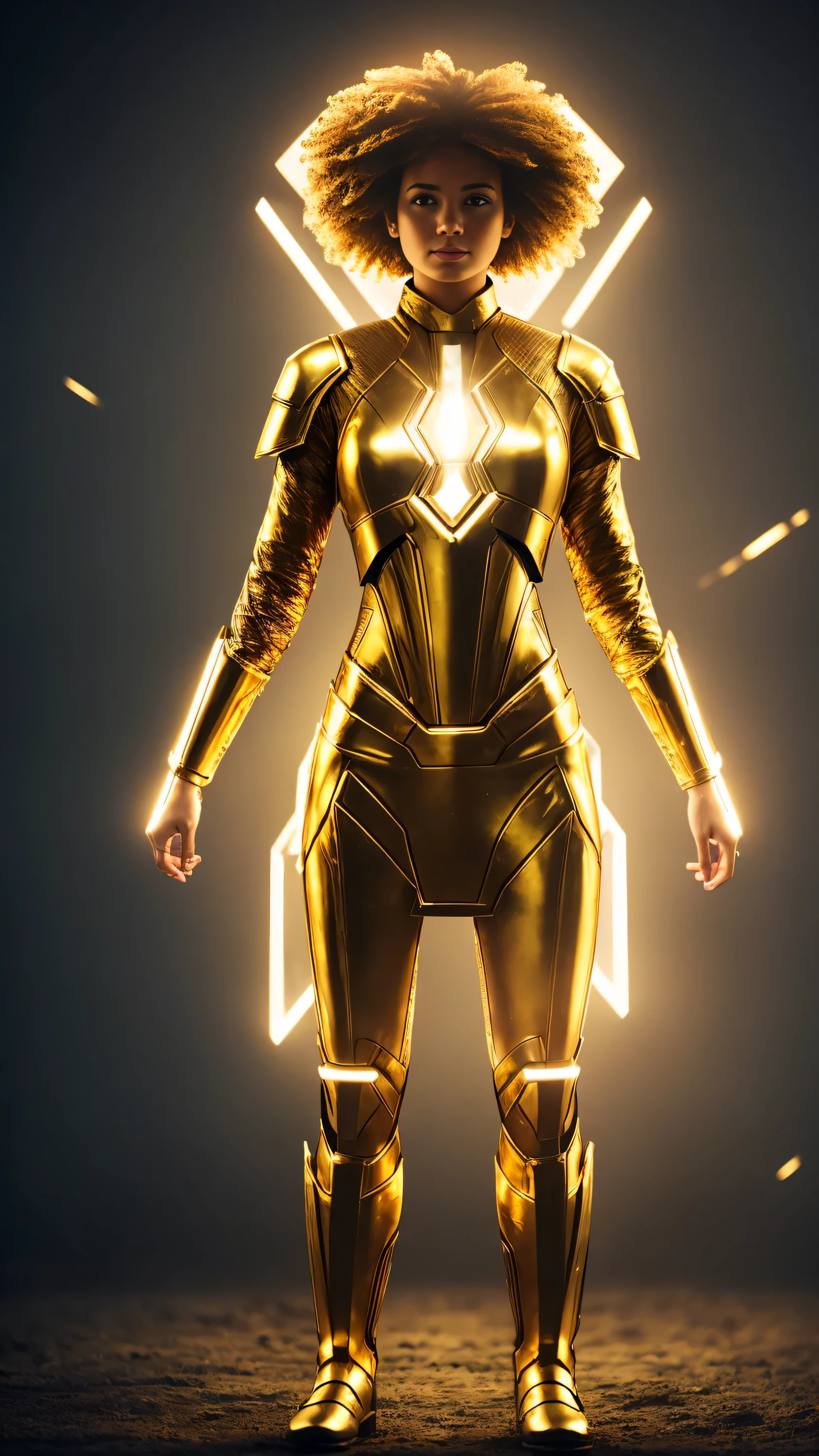 a lady, standing outside, light, invisible people,gold armor dress, rough hair, futuristic style