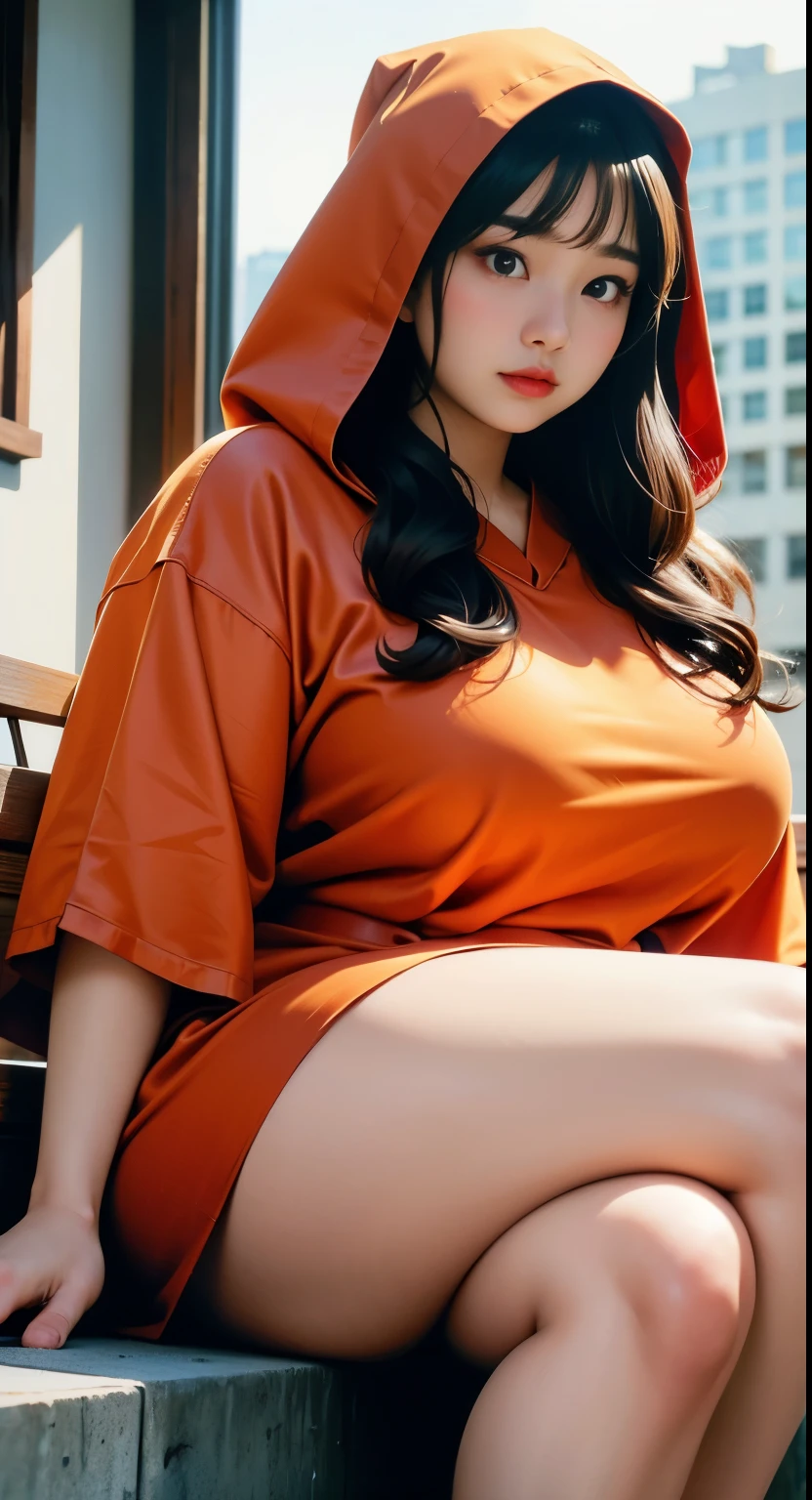 there is a woman sitting down with a longest brown hair, bbwchan, thicc, brown hijab outfit, brown hairstyle model, korean girl, korean woman, wearing brown robe, full length shot, alluring plus sized model, japanese goddess, clothed in hooded, voluptuous and arousing, portrait shot, curvy model, voluptuous body, wonderful, nene tanaka body , bbwchan, The overall atmosphere is smooth , haunting illustrations, extremely high-resolution details, photographic, realism pushed to extreme, fine texture, 4k, ultra-detailed, high quality, high contrast, red sneakers , cold atmosphere ,,
