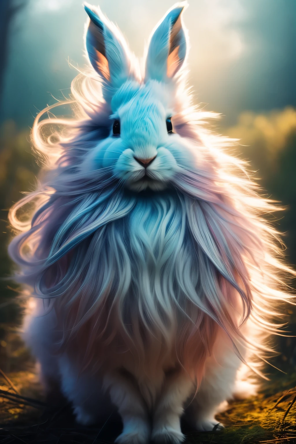 best quality, 32k, RAW photo, incredibly absurdres, extremely detailed, delicate texture, dignified and cute iridescent long-haired rabbit divine beast, fantastic, mysterious, magical, fantasy, artwork, pastel color