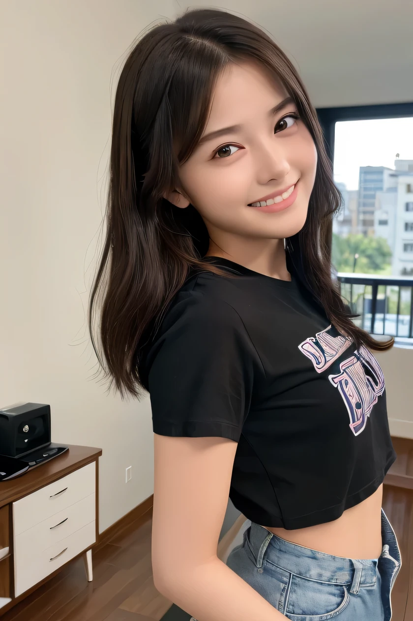 one girl, (a beauty girl, delicate girl:1.3), (16 years old, gal:1.3), (T-shirts, denim shorts:1.2), very fine eye definition, (symmetrical black eyes:1.3), stare at the camera, A big smile, show teeth, (room view:1.2), small breasts, brown short hair, girl, (eyes and faces with detailed:1.5), (masterpiece, best quality, ultra detailed, detailed face, 8k), cowboy shot from the under, Swayback stance,