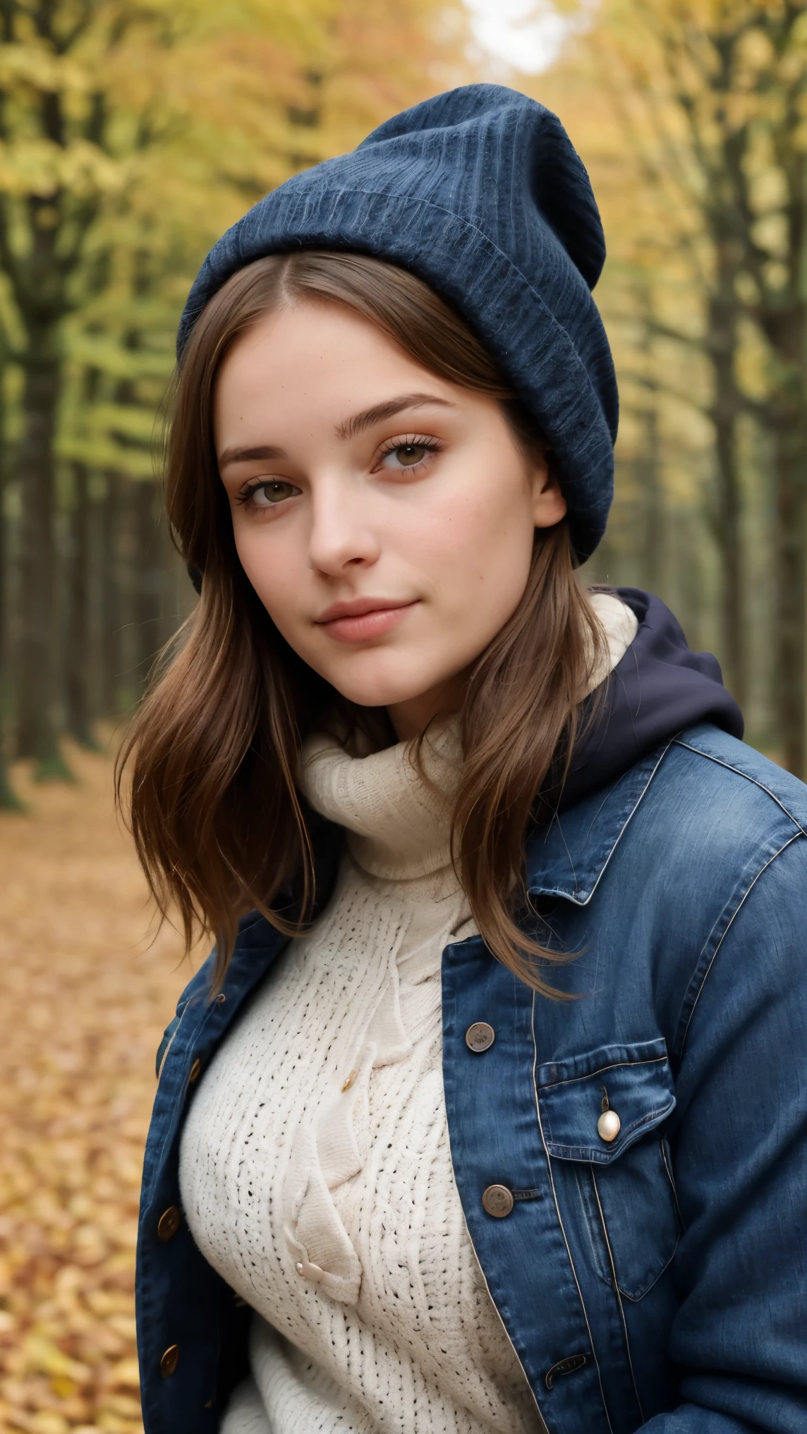photographie d'une femme brune de 24 ans, (expression faciale sympathique), peau texturée, chair de poule, cheveux mi-hauts mi-bas noir de jais, parka doublée de fausse fourrure avec jean skinny et bonnet, profil de groupe, une forêt de pins créant une atmosphère d'automne, Des yeux parfaits, ((éclairage dur:1.4)), Velvia 100 couleur, tourné sur CineStill 800T, Bokeh, mise au point nette sur le sujet, photographié par Manuela Marques