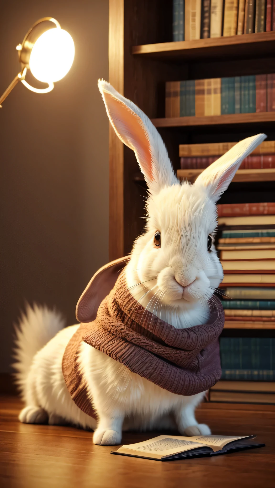 (best quality,4k,8k,highres,masterpiece:1.2),ultra-detailed,(realistic,photorealistic,photo-realistic:1.37),a rabbit,putting on cloth,standing,room,books,happy,up light,fade room,illustration,soft fabric feel,detailed buttons,vibrant colors,wooden bookshelves,fuzzy bunny ears,playful expression,floppy ears,cute round tail,comfortable clothing,homely atmosphere,enjoying leisure time,vivid lighting,cozy ambiance,bookworm,relaxation,joyful,delightful,blurred background,gentle illumination